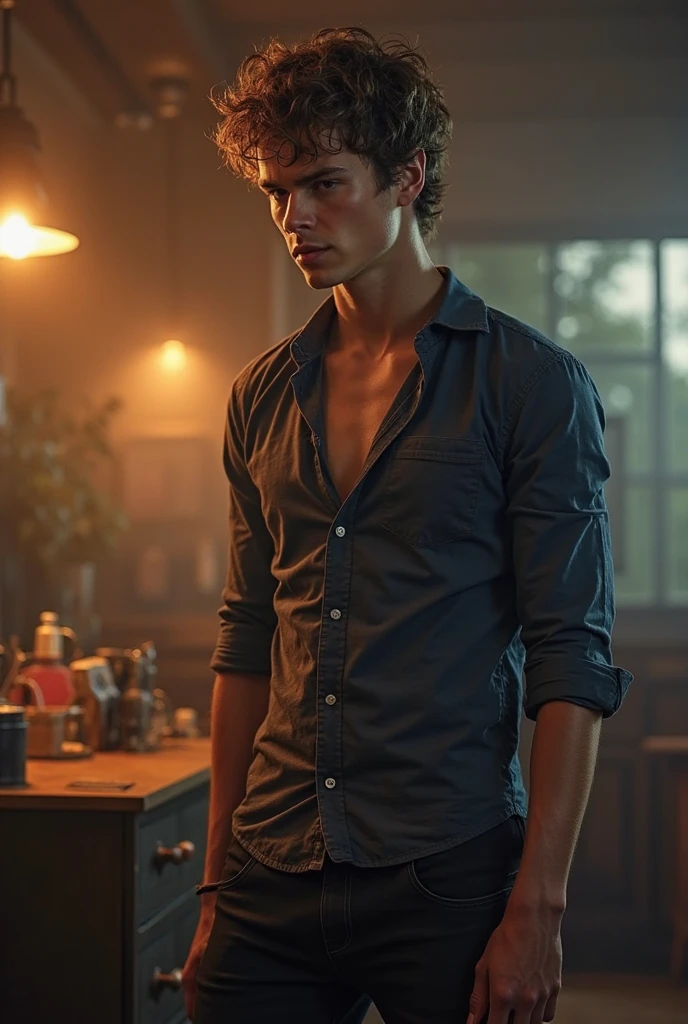 ((serious face)), hot guy wearing a black unbottened jacket with a hood, ((blue eyes)), light brown hair, soft cheek, muscular, in a dark alley, single yellow weak light on top, dumpsters on the back, ((photography)), realistic, perfect image, amazing quality, 4k, perfect scenario