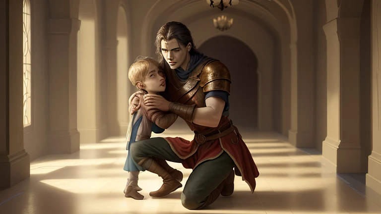A warrior in leather clothes , holding a boy in your arms