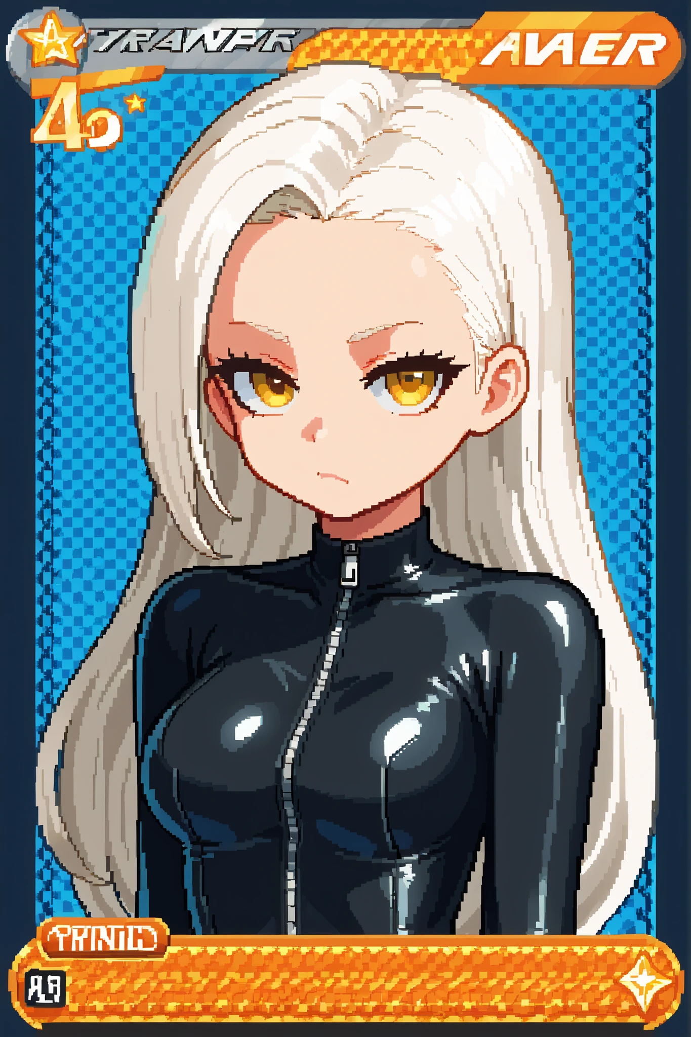 score_9, score_8_up, score_7_up, source_anime, 1girl, solo, pixel art, tr4dingcard, card (medium), english_test, common_rarity_icon, N, trading_card, white_trade_card_frames BREAK 

White hair, forehead, yellow eyes, medium breasts BREAK  

Latex suit, black bodysuit, shiny suit BREAK 

Looking at viewer, bored face, closed mouth, upper body, portrait, blue background