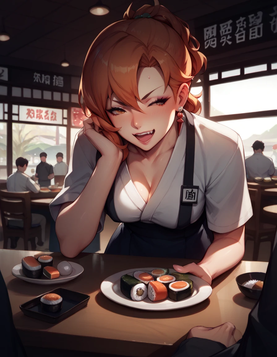 (best quality:1.4), anime, solo, An orange haired girl in supermarket gyoza dumplings jiaozi, cleavage