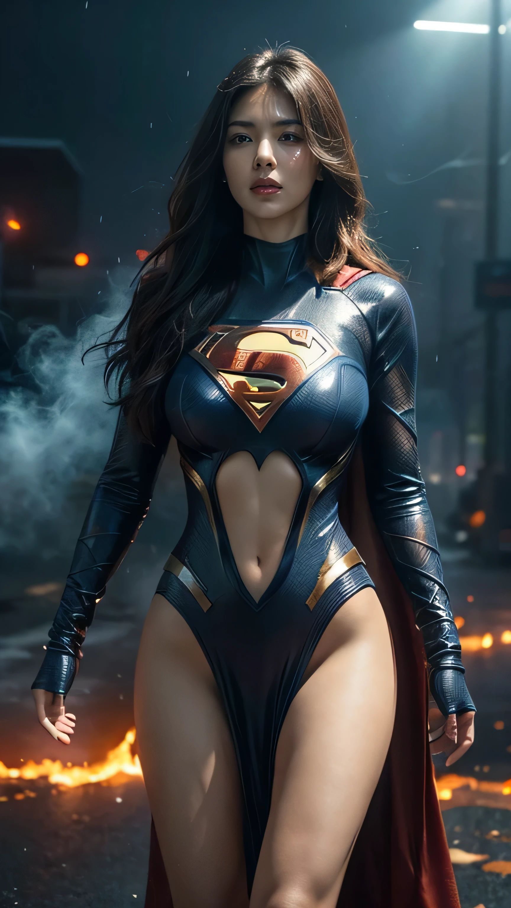 Masterpiece in the making: A superheroic single figure, donning a (((transparent net))) supergirl suit adorned with the iconic superman logo, stands in a full shot against the backdrop of a night planetscape. Her short,a close up of a woman with a long wavy fiery hair blowing in the wind, woman made of blue flames, her body made of flames, amazing digital art,flames surround her, alena aemani digital art, intricate overlay flames imagery, smoke effects, fire and smoke, stunning digital art, digital art picture, airbrush digital art,mono tone, big breasts , underboobs, framing her highly detailed face with expressive features. The ultra-high resolution image captures every line, texture, and curve of her slim body.
Beneath her, the dark scene unfolds as rain pelts down, creating a cyberpunk atmosphere with its neon-lit alleys and misty streets. The light from the neon signs illuminates her figure, adding depth and contrast to the dark scene.