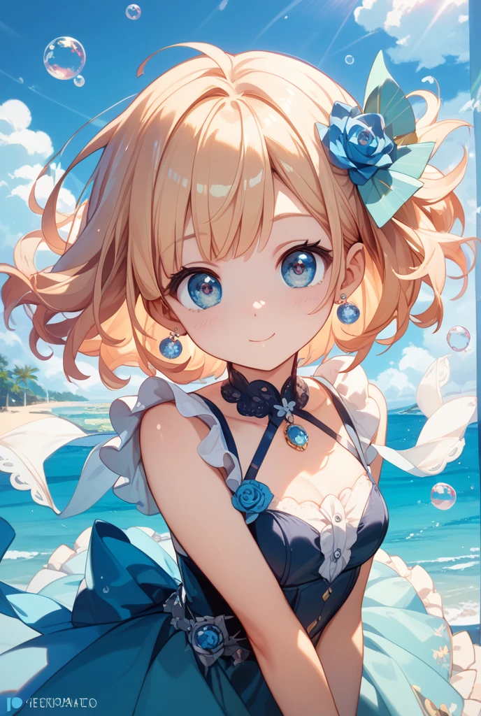 an animated character standing on a beach with a clear blue sky and fluffy white clouds overhead. The sea is a vivid turquoise with gentle waves lapping onto the sandy shore. The character has fair skin and short, wavy blonde hair with a blue flower accessory on the side. Her eyes are a bright blue, and she is looking directly at the viewer with a subtle smile. She wears a ruffled, white bikini with light blue ribbons and frills. The top has a tie-up detail at the center and thin straps over the shoulders. The character is playfully lifting the edges of a matching ruffled skirt, revealing bikini bottoms underneath with similar ribbon details on the sides. Her posture is relaxed yet playful, capturing a moment of carefree summer fun.