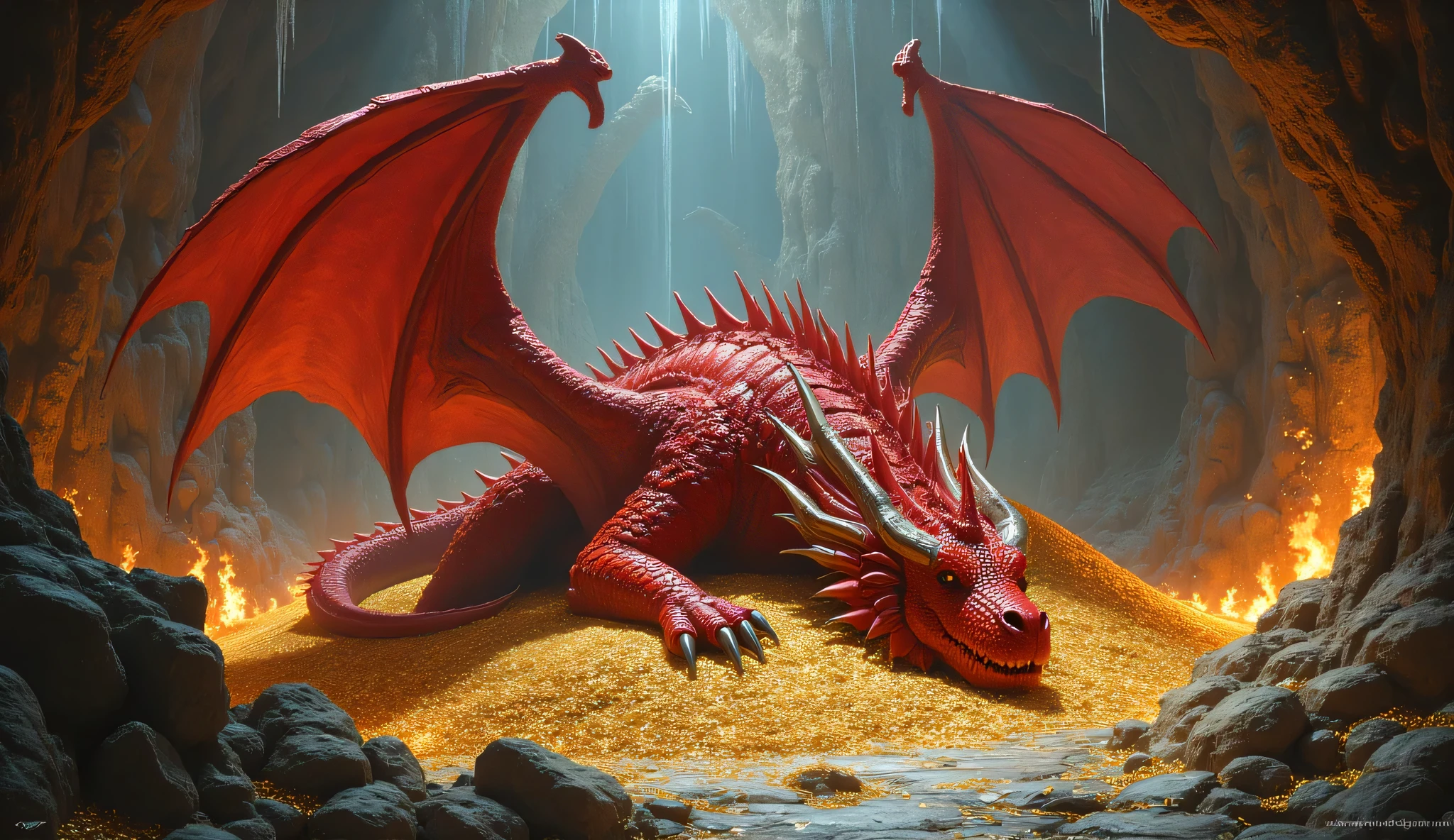 A red dragon with 2 large wings sleeps on a bed of tiny golden coins in a cave illuminated by moon light.