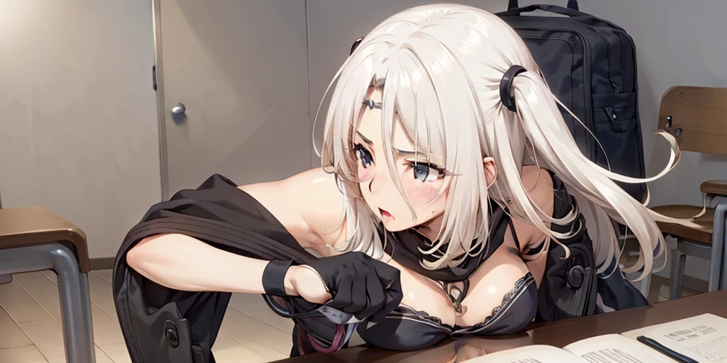 ((best quality)), ((masterpiece)), (detailed), one girl with long blond hair, sitting on bdsm chair, panic in face, only in white bra and white panties, dark room, view from pov perspective