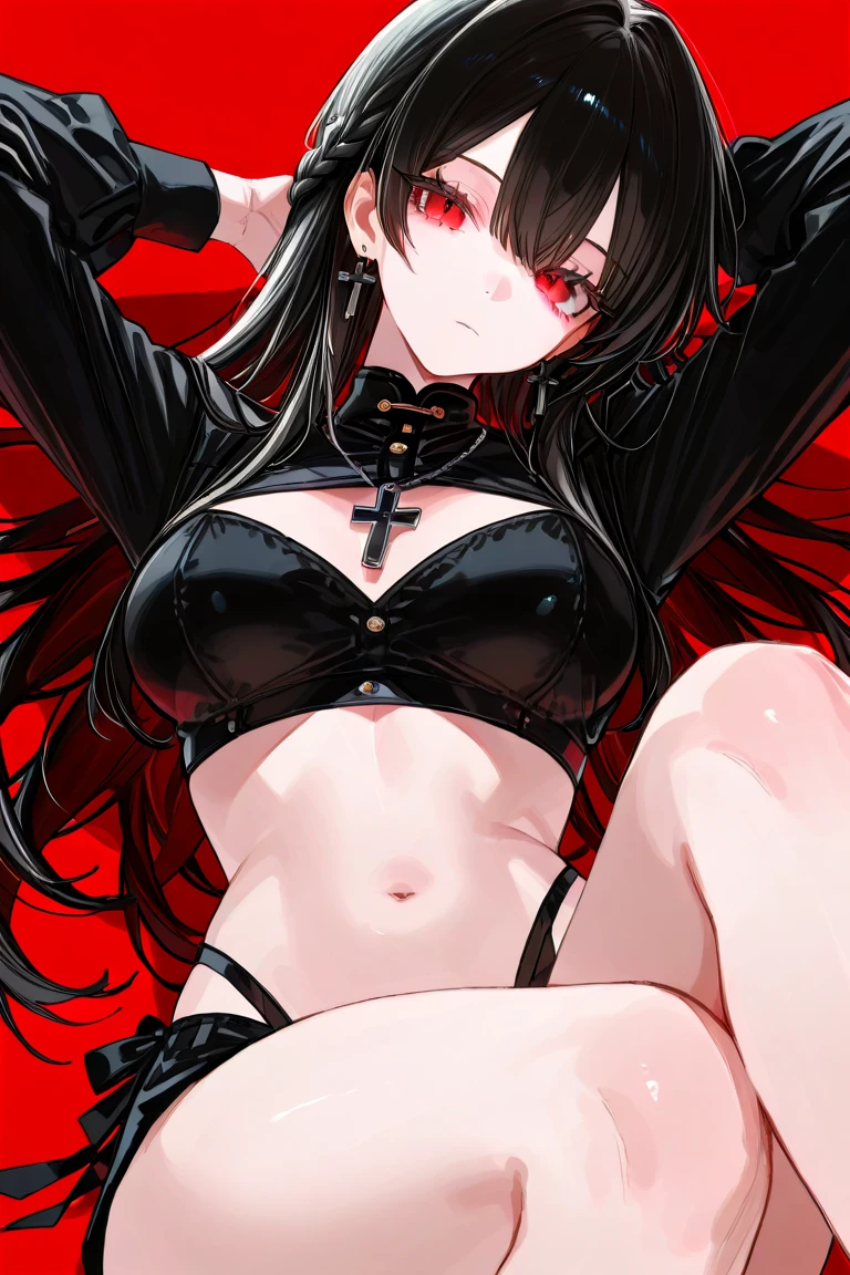 Dark style, black hair, white skin, red eyes, long hair, bangs,underwear,succubus,sitting,Sweat,Soaked,transparent,open legs,sofa,Playful,Leather pants