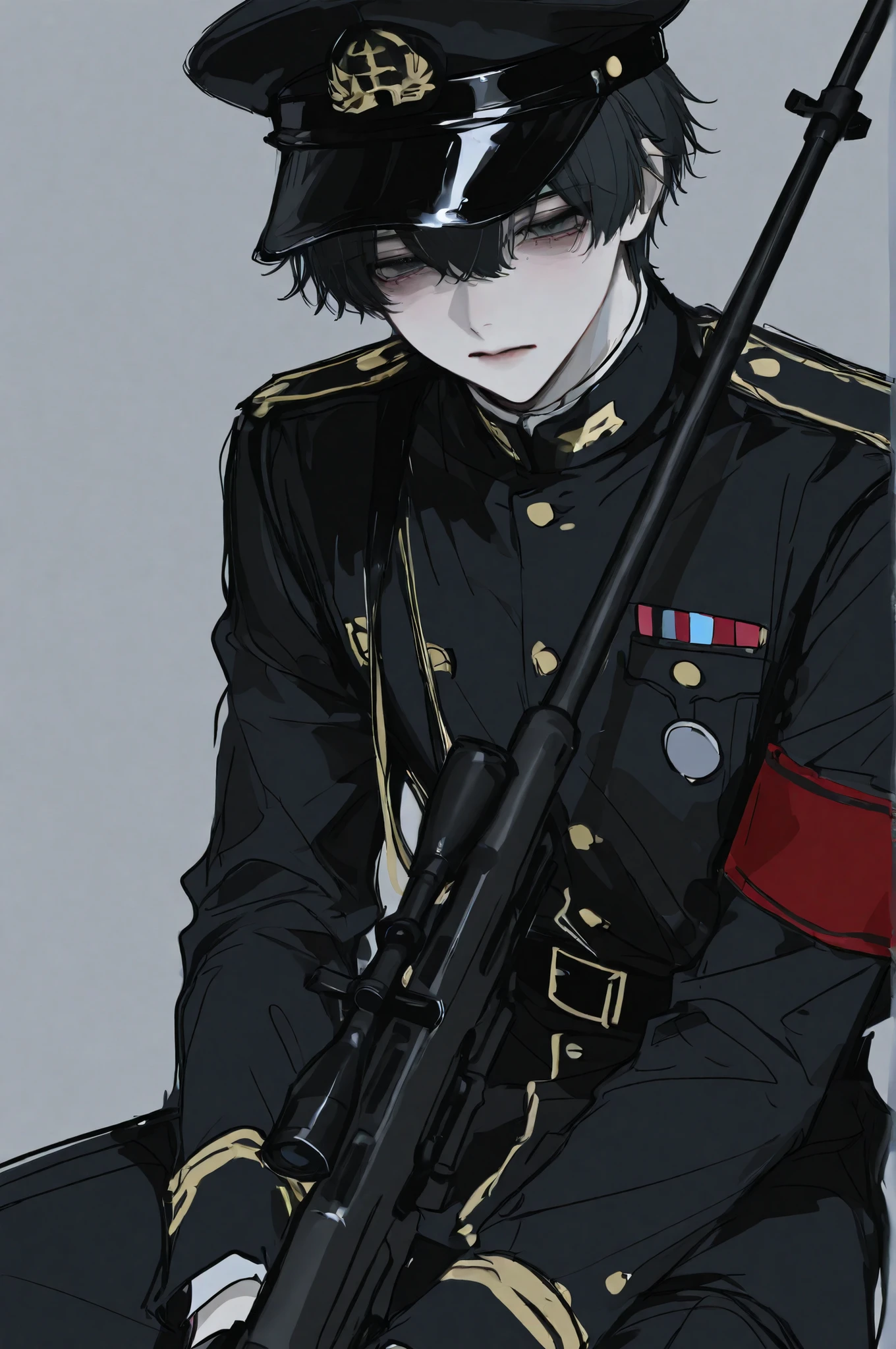 1boy, male focus, solo, tired, 1male, sketch, , uniform, sniper rifle, Peaked cap, aegyo sal,