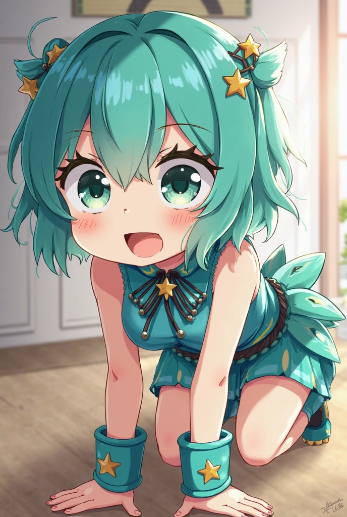 Top quality, super high resolution, one girl, with (short hair, blonde hair, light green eyes), toddler figure, (white hair band), idol clothes, microphone