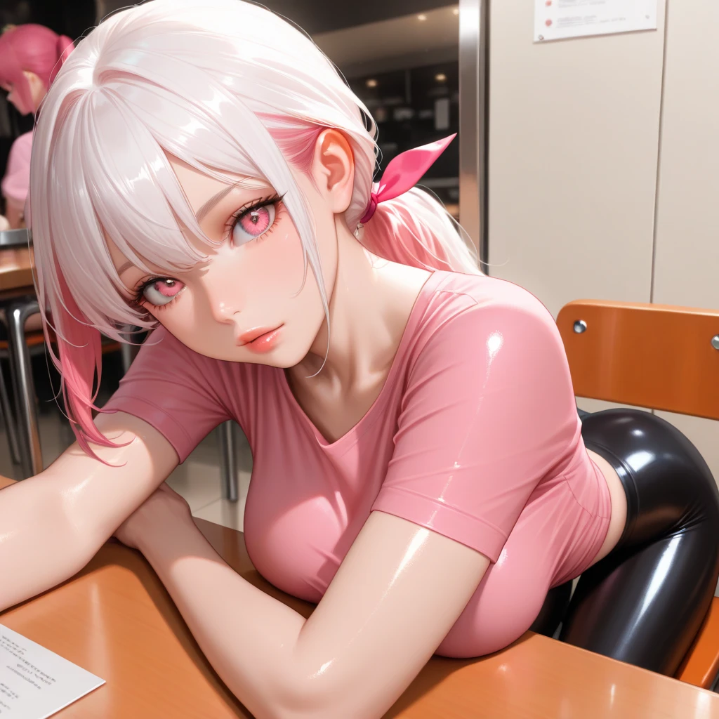 Woman, One, 18 Years old, Korean, Skinny, Pale skin, Skinny thighs, Cute face, Makeup, Seductive smirk, Long eyelashes, Gradient hair, White hair, Pink hair, Bangs, Ponytail, Tight top, Mini skirt, Headphones, Intricate clothes, Full body, Cafe, Cinematic light, Masterpiece, Cleavege, Big breasts, Large breasts, Rounded breasts