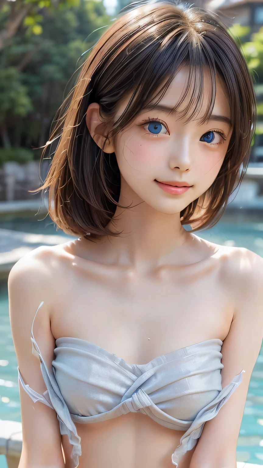 Browsing Caution、16K、Realistic、Highest quality、masterpiece、Ultra-high resolution、RAW Photos、Realistic、Bright lighting、Face Light、Smooth Professional Lighting、Looking into the camera、alone、Adult female、Beautiful woman、Super Beauty、Realistic肌、Moisturized Skin、Realistic eyes and faces、Perfect model body shape、Beautiful Eyes、Big eyes、Inconspicuous tear bags、slim、medium、Very good、Camel Toe、Beautiful fingers、Very short hair、Very black hair、Very dark eyes、Looks happy、((Both ears are hidden by hair))、（Cowboy shot showing the top of the head）、Colorful Swimsuits、Large Breasts、Cleavage