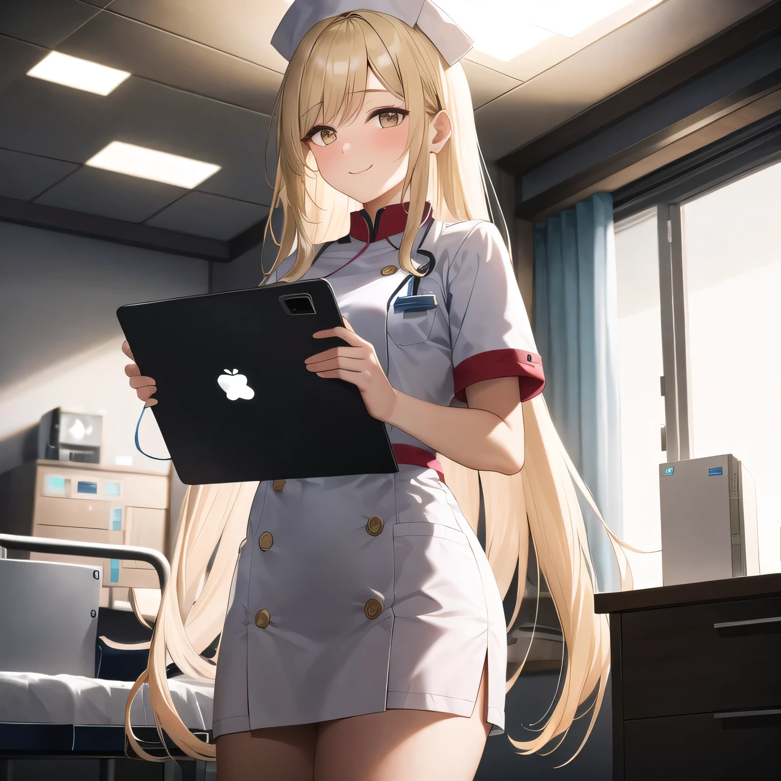 A breathtakingly beautiful 20-year-old woman stands in a warmly lit hospital room, dressed in a white mini-skirt nurse uniform with a matching cap. Her shy smile adds a touch of charm, while the surrounding medical equipment and furnishings create an authentic yet welcoming atmosphere. Long hair, blonde hair, golden eyes.