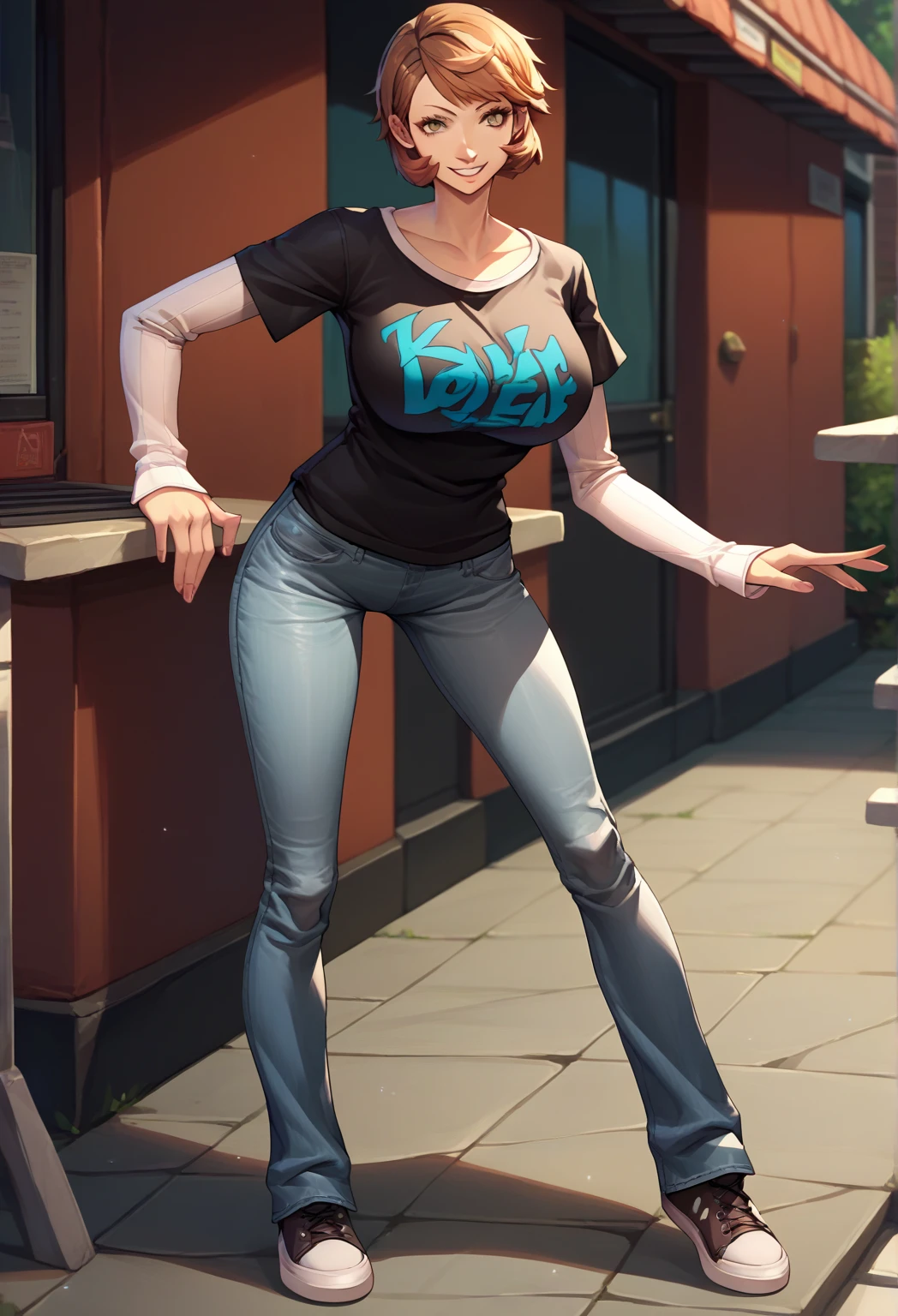 highres,absurdres,masterpiece,best quality,original,extremely detailed CG,extremely detailed wallpaper,perfect lighting,standing on the stage,lips,jitome,makeup,blurry background,from above,looking at viewer,
<lora:Fiona_ZR2:0.7>,fiona_zr2,twin braids,gloves,helmet,huge breasts,red hair,underboob,pants,denim,elbow pads,black gloves,tube top,helmet,torn pants,straps over tube top,<lora:GoodHands-beta2:1>,