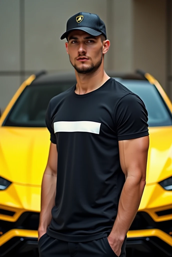 a model, wearing a black insider t-shirt and black pants and white sneakers, posing in front of a BMW sedan, masculine face, face with a defined jaw and wide chin, full and well-groomed beard. 4k, realistic, cinematic
