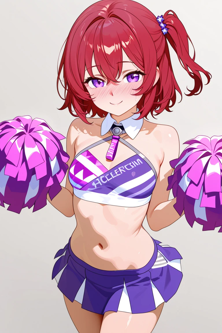 long hair, mole under mouth, purple hair, single braid, hair between eyes, aqua eyes, sharp teeth, ahoge, blush, smile, cowboy shot, (masterpiece:1.3), (absurdres:1.3), (best quality:1.3), (ultra-detailed:1.3), (handled hair), 1girl, solo, medium breasts, cleavage, hair ornament, (shy, embarrassed), (cheerleader, crop top, miniskirt, bare shoulders, white skirt, standing)