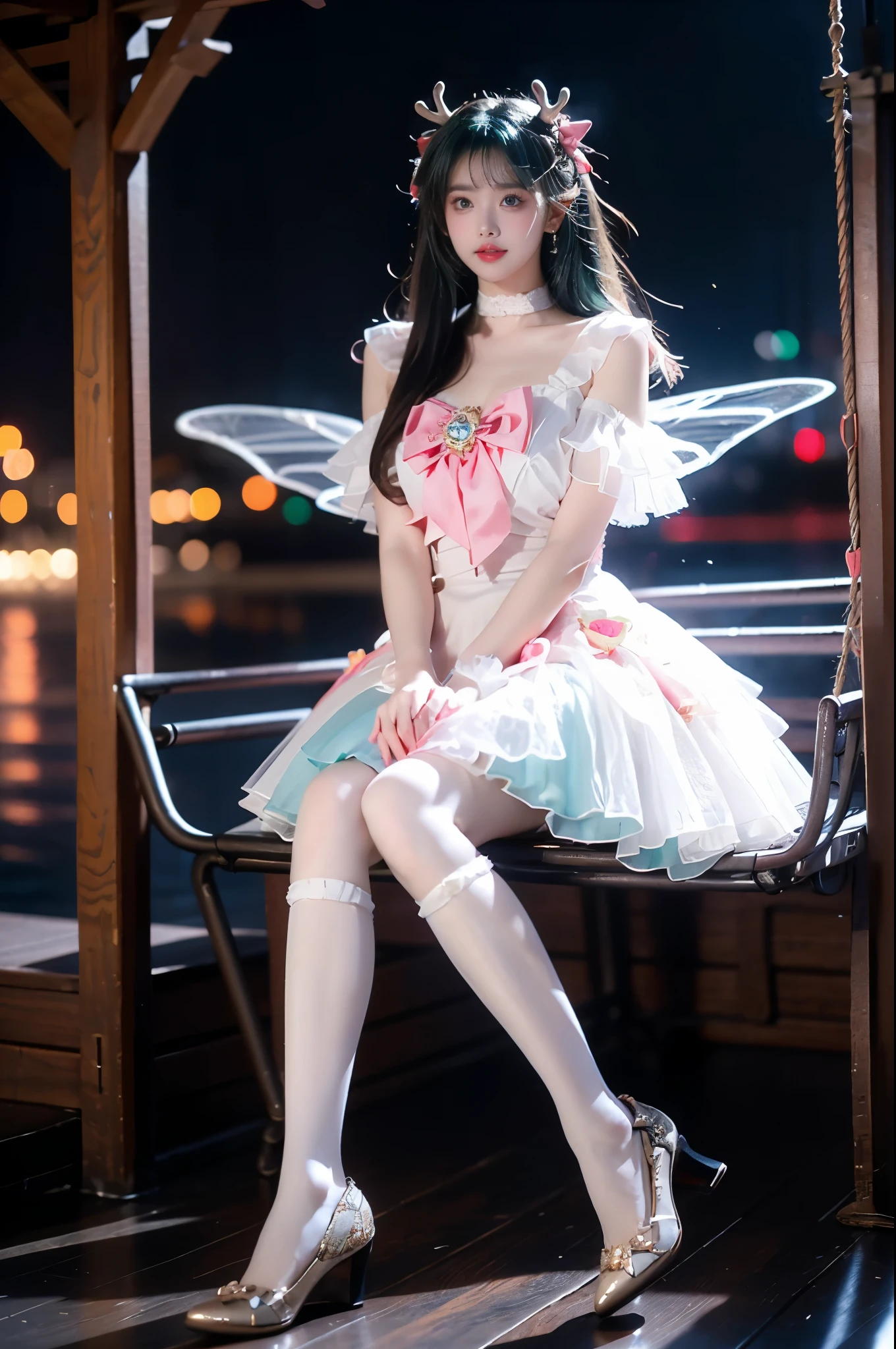 yao cosplay costume, aqua hair, dress, shoulder cutout, frills, choker, wrist cuffs, antlers, horns, bow, wings, hair ornament, animal ears, hair bow, hairclip, socks, kneehighs, shoes, high heels ,, A stunning, long-legged model gracefully sitting on a swinging swing at night. Her posture is relaxed and natural, legs swinging gently, showcasing a perfect and anatomically correct leg shape. Her full breasts are subtly accentuated, with a hint of cleavage visible. She wears a very short skirt, revealing smooth, toned thighs. The scene is bathed in the soft glow of neon lights and twinkling fireflies, creating a beautiful and romantic atmosphere. She's surrounded by lush flowers, with roses prominently featured in the foreground, adding depth and vibrancy. The overall style is elegant and sensual, capturing a moment of peaceful reverie.