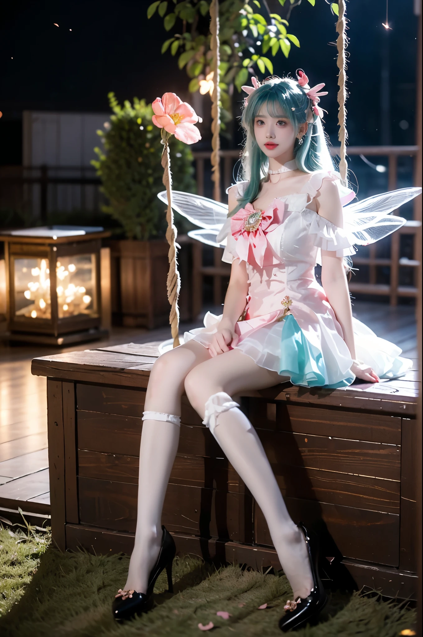 yao cosplay costume, aqua hair, dress, shoulder cutout, frills, choker, wrist cuffs, antlers, horns, bow, wings, hair ornament, animal ears, hair bow, hairclip, socks, kneehighs, shoes, high heels ,, A stunning, long-legged model gracefully sitting on a swinging swing at night. Her posture is relaxed and natural, legs swinging gently, showcasing a perfect and anatomically correct leg shape. Her full breasts are subtly accentuated, with a hint of cleavage visible. She wears a very short skirt, revealing smooth, toned thighs. The scene is bathed in the soft glow of neon lights and twinkling fireflies, creating a beautiful and romantic atmosphere. She's surrounded by lush flowers, with roses prominently featured in the foreground, adding depth and vibrancy. The overall style is elegant and sensual, capturing a moment of peaceful reverie.