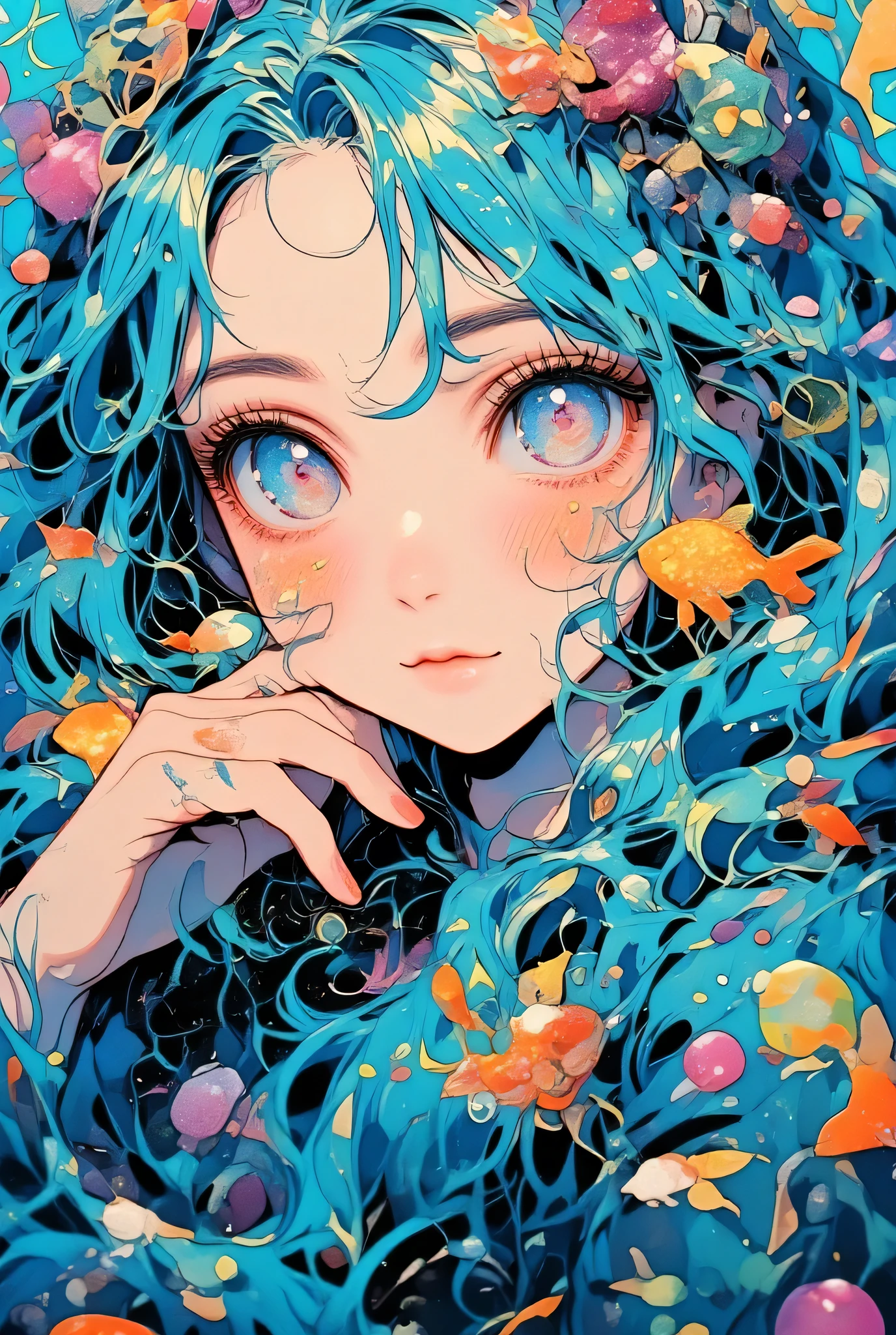 a beautiful young woman with long blue hair, her face underwater in a dreamy fantasy setting, small glowing fish swimming near her cheeks and hair, calm expression with open eyes, light rays filtering through the water, bubbles drifting around her, magical atmosphere, pop art, complex texture