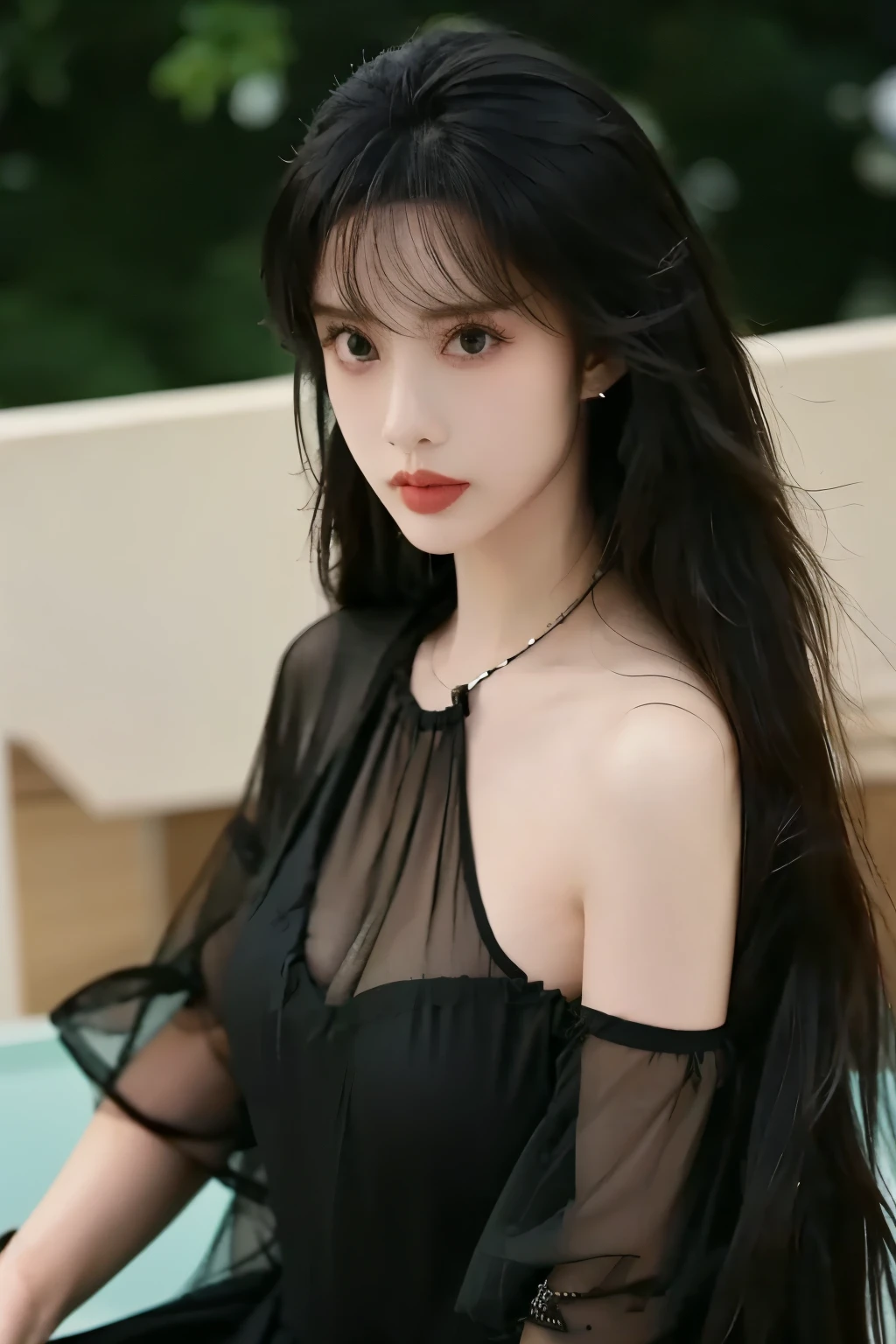 Beautiful Women with Perfect Shapes,Layered Hairstyle,Skin Whitening, long black hair,mesh clothes