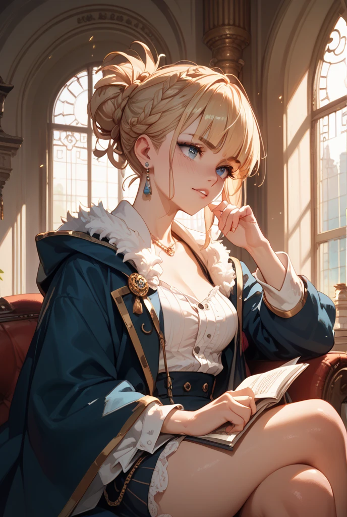 (Masterpiece: 1.2, Best quality), Realistic, (Realistic picture, Complex details, Depth of field), Best quality, Masterpiece, Highly detailed, Half realistic, 1 girl, Mature female, 21 years old, with short golden hair, The left eye is covered with hair, Blue eyes, The king's clothes, Red cloak, Slim figure, A crown made of precious gold, Read and mark up documents, quill, office desk, Soft bench，03