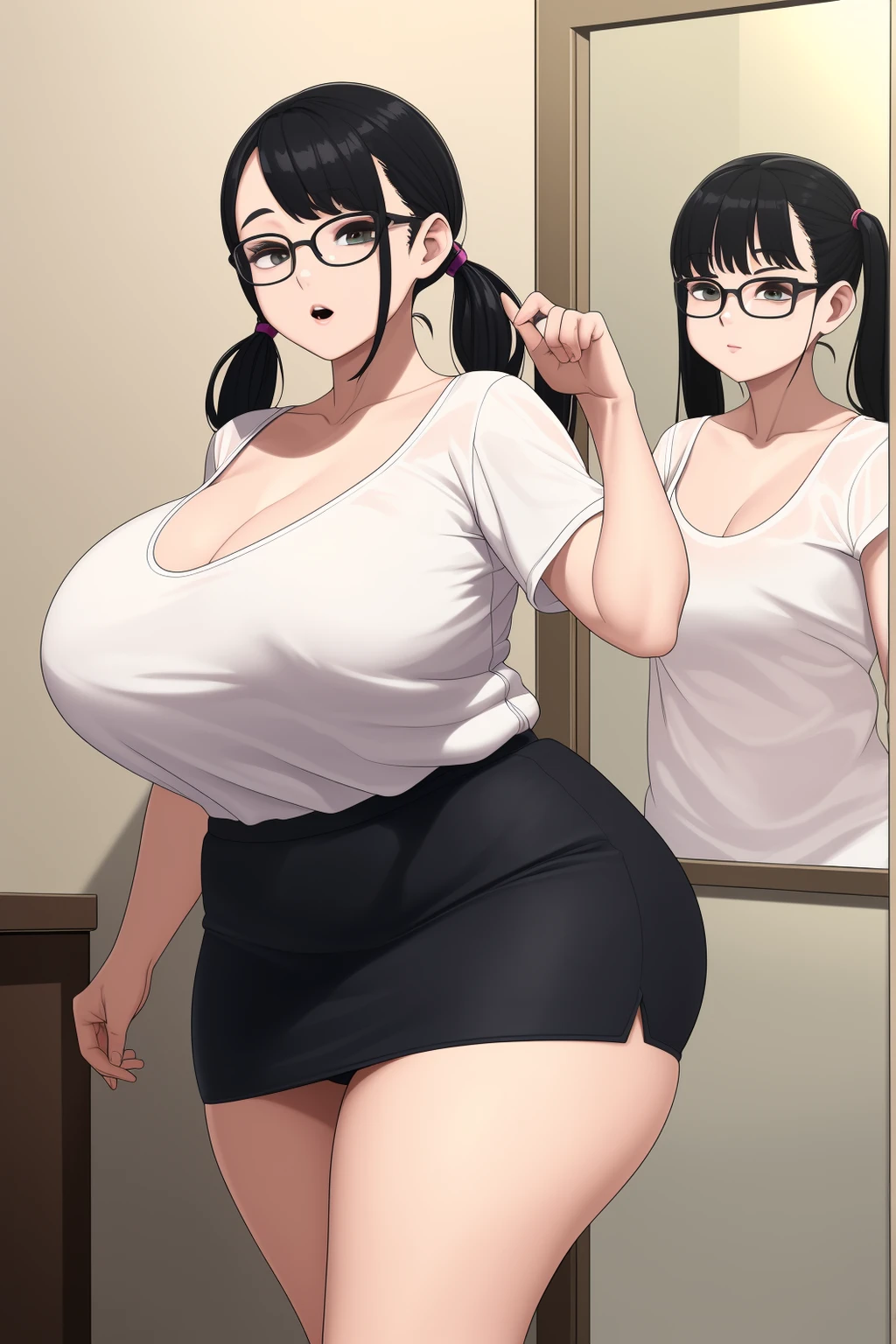 (melhor qualidade, obra-prima), (Retrato 8K), (Corpo Perfeito), 1Meninas, (white skin), (brown hair), (franja), (olhar sedutor), ( eyeglass), rechonchuda, emphasis on the big thighs, Pose sexy, seios grandes