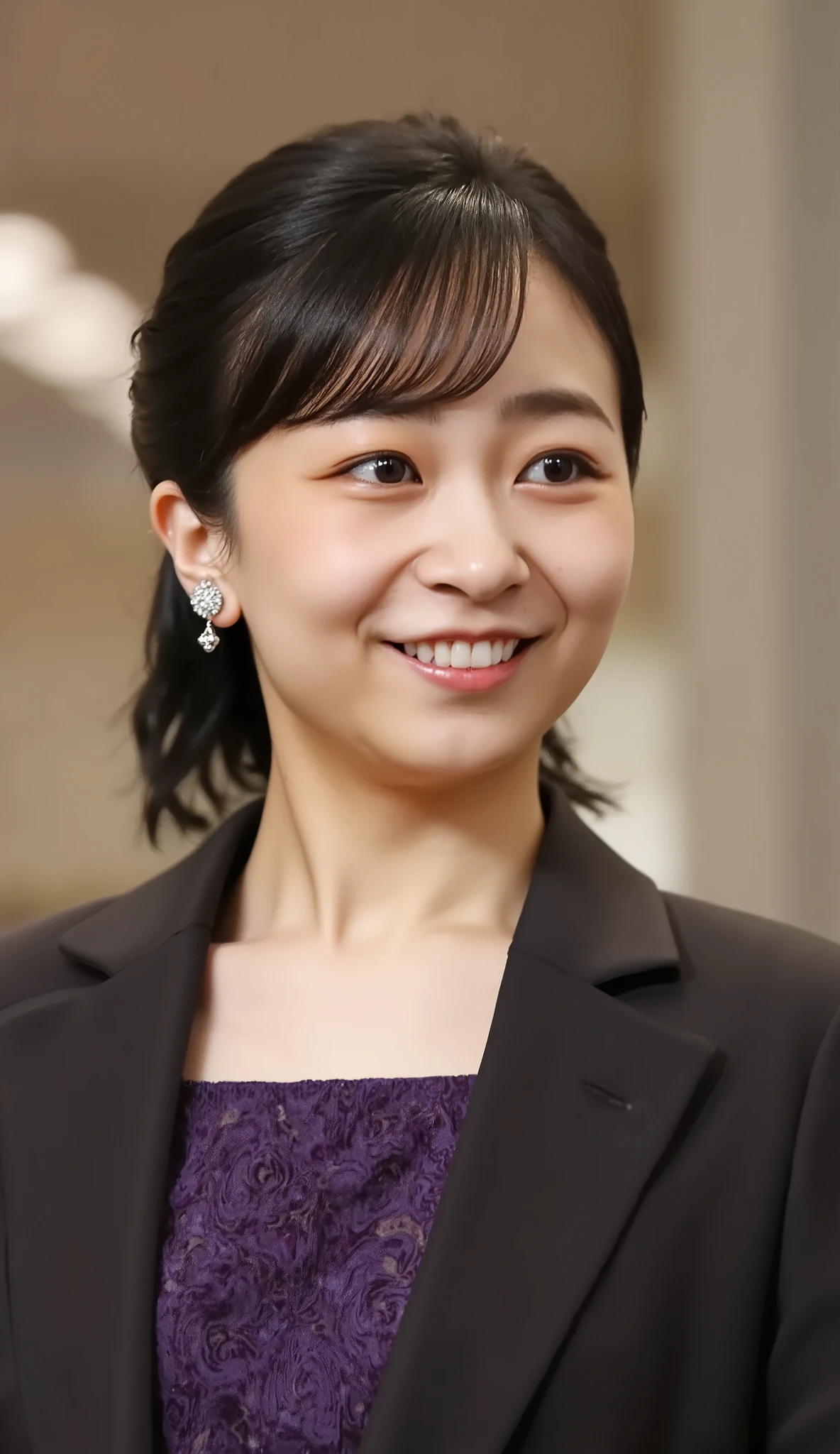 Japanese woman headshot、looking at the camera、Dark eyeshadow、 smile showing teeth、Red cheeks、ear piercing、necklace、upper body、Background is in a room、