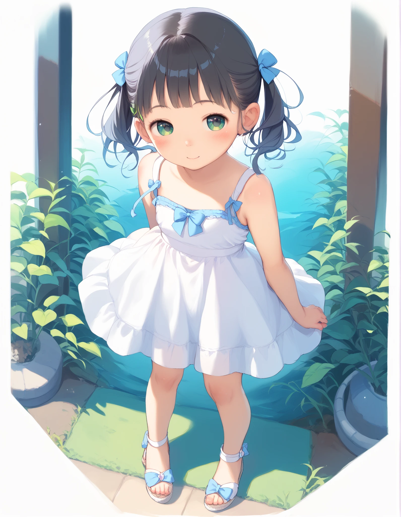 best image quality、 pretty eyes、detailed eyes、cute face、baby face、girl、black hair、small、twin tails、white dress、full body、Pastel Backgrounds、standing pose with shoulders hidden
