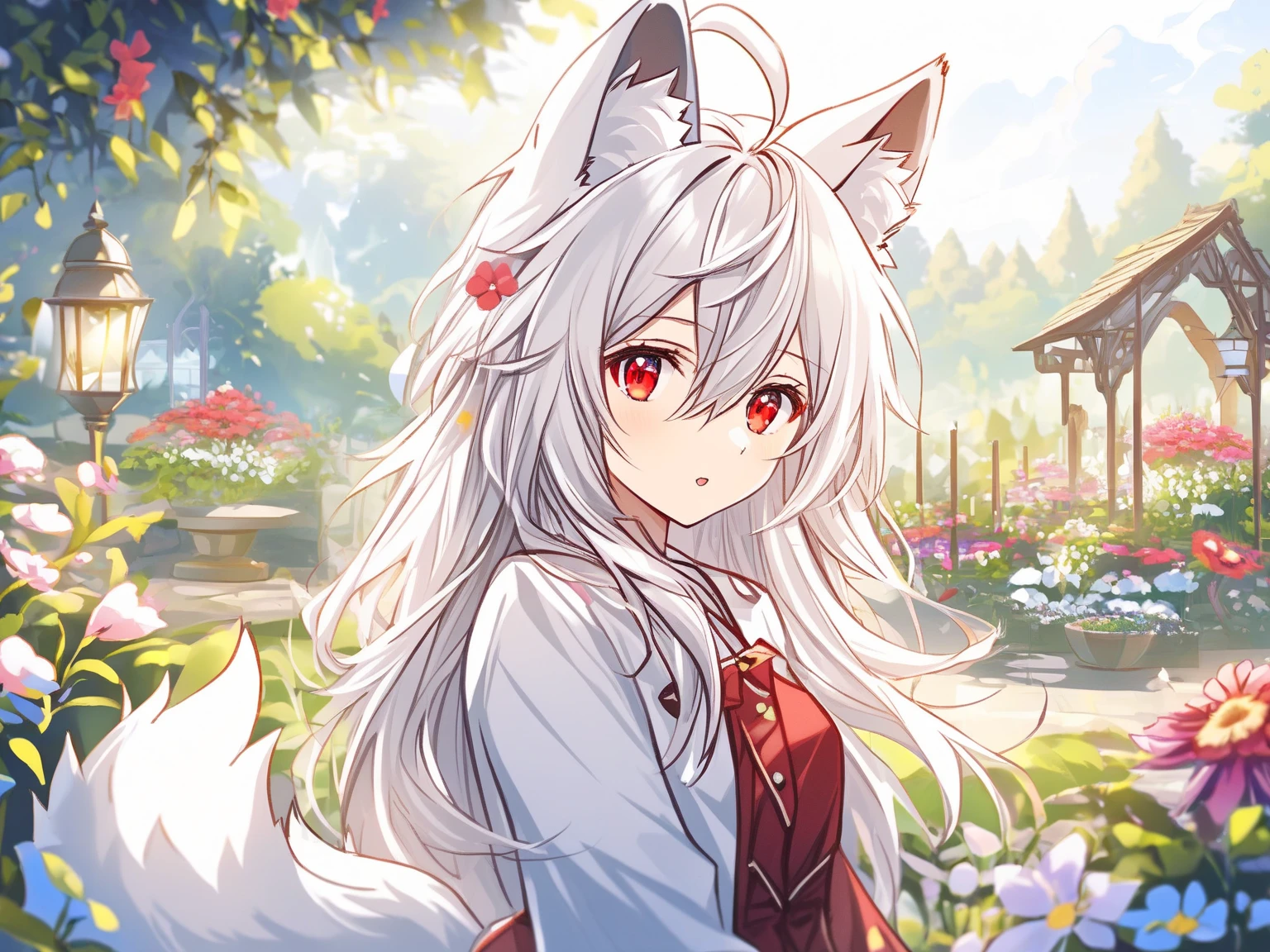 female, nine-tailed female, female fox, nine-tailed fox, fox ears, white hair, pink hair, long hair, black eyes, pretty, beautiful, beautiful color, mature, dress, flying petals, super detail, beautiful color,peerless beauty, high quality,  macro picture, adult