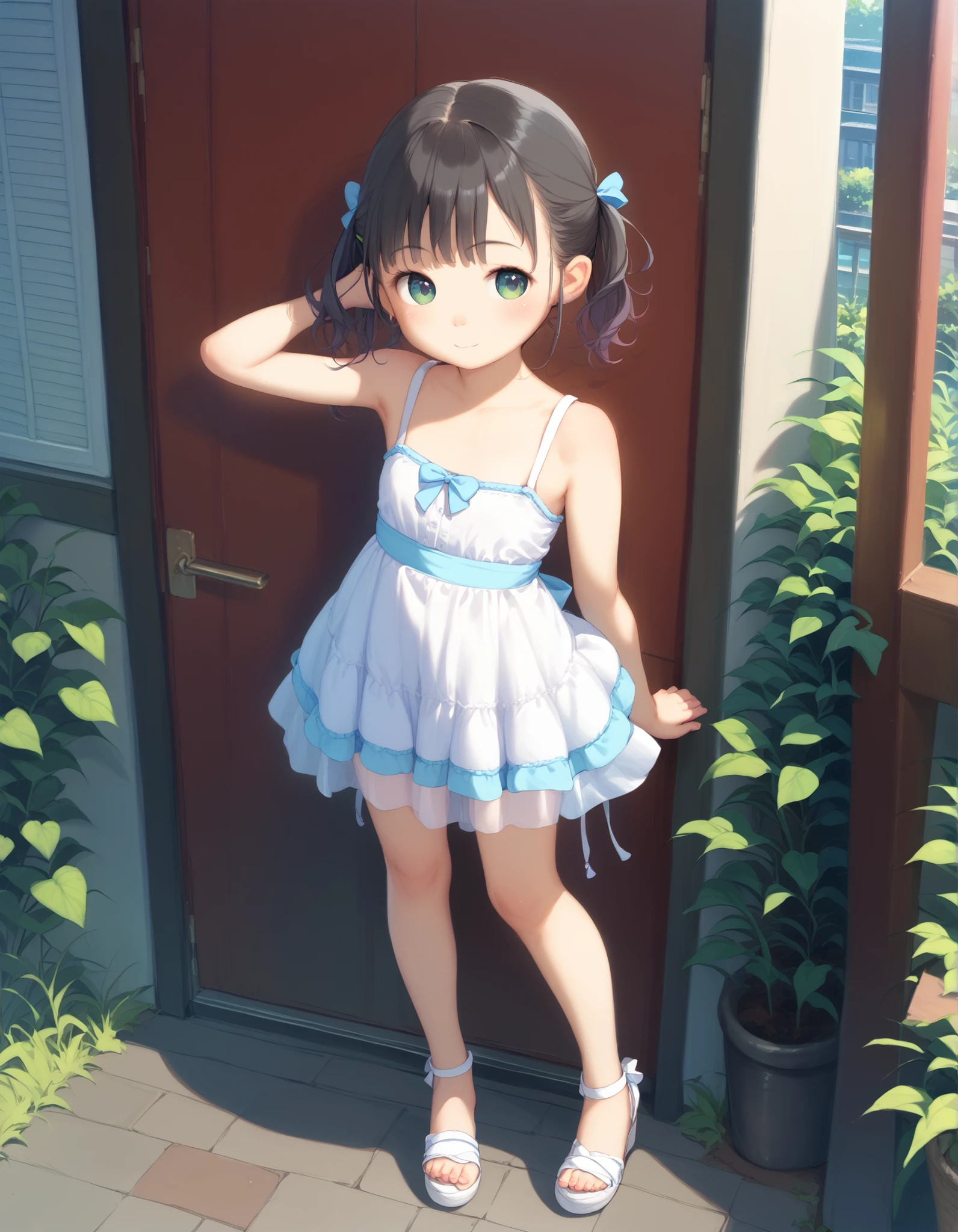 best image quality、 pretty eyes、detailed eyes、cute face、baby face、girl、black hair、small、twin tails、white dress、full body、Pastel Backgrounds、standing pose with shoulders hidden