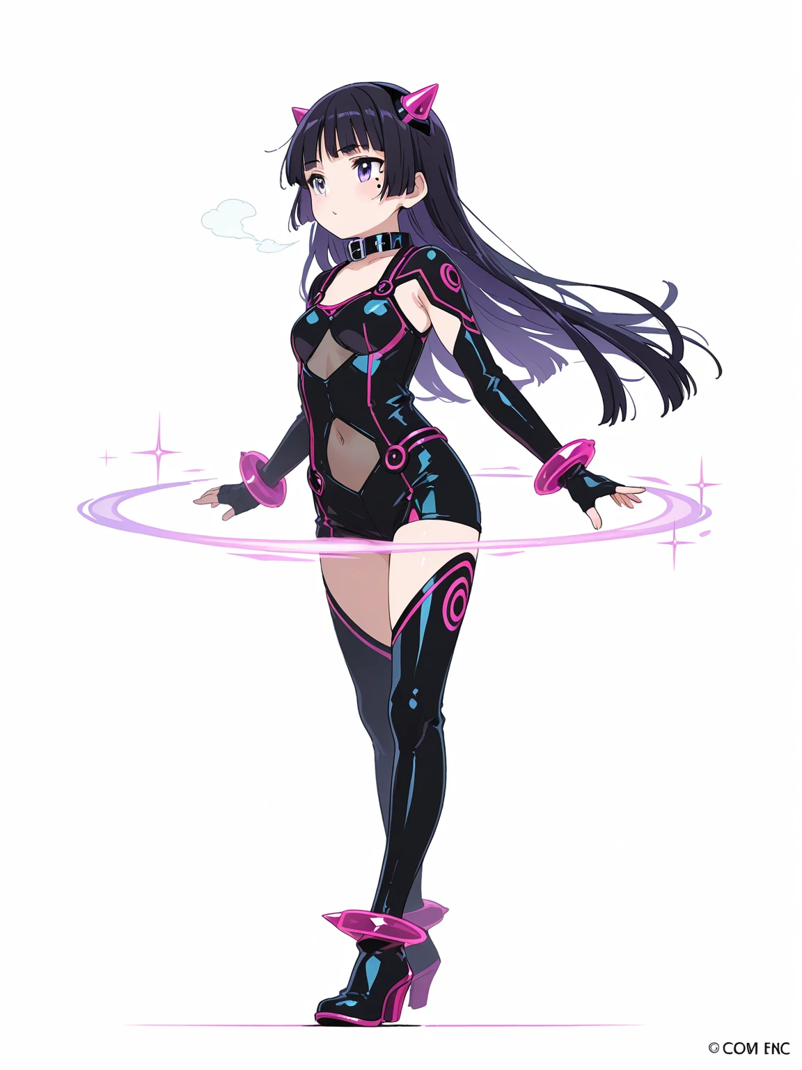 highest quality Highest quality Draw a face carefully High-definition anime-style face Super Glowing Skin Black full body suit Purple pantyhose barefoot Succubus lure smile Rear view Back view