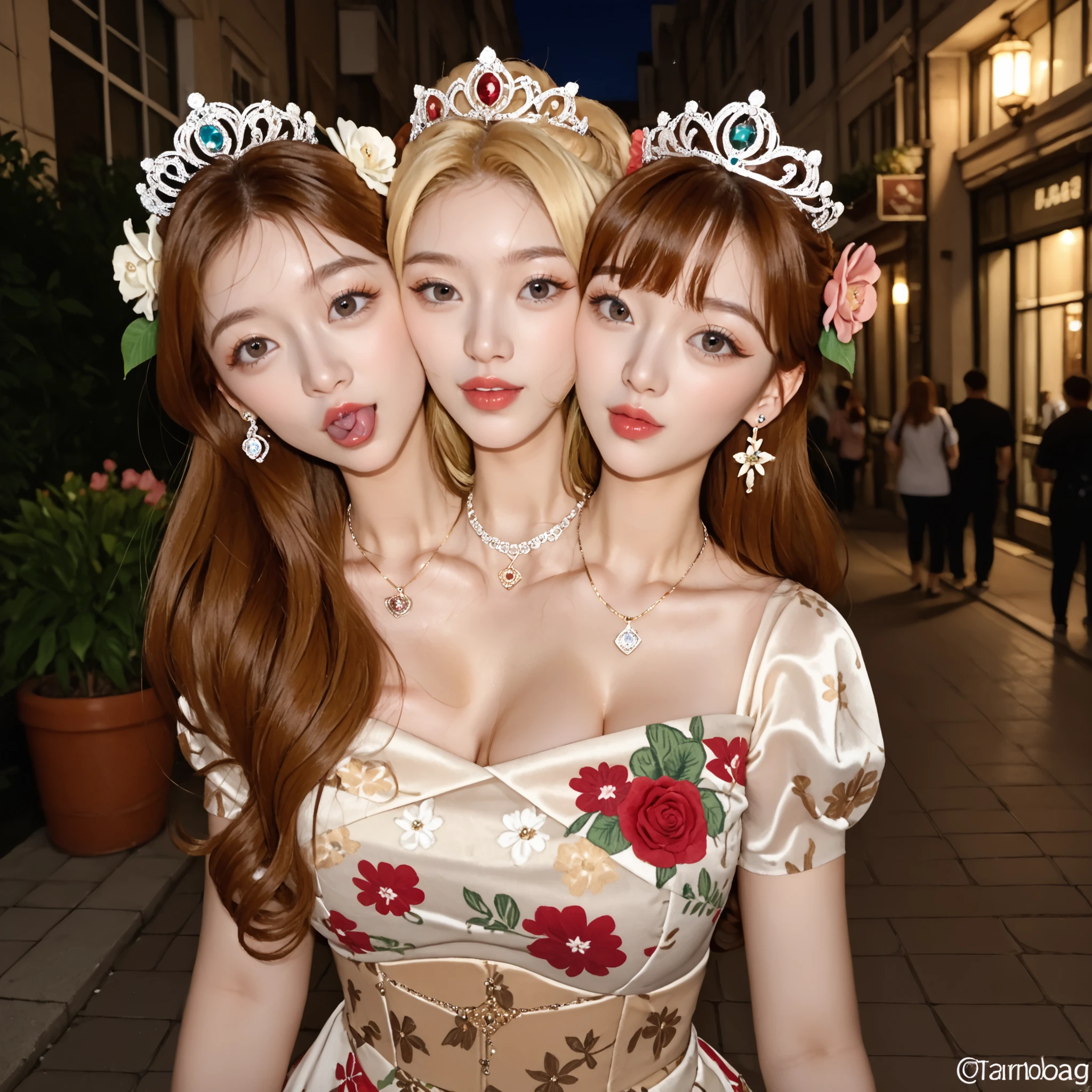 best resolution, conjoined, 3heads, woman with three heads, tall, big chest, different hairstyles, brown hair and blonde hair, long hair night urban setting, floral hanbok, lots of jewellery, earrings, tiara, necklace, flowers in hair, blowing kiss, posing with hands to the camera