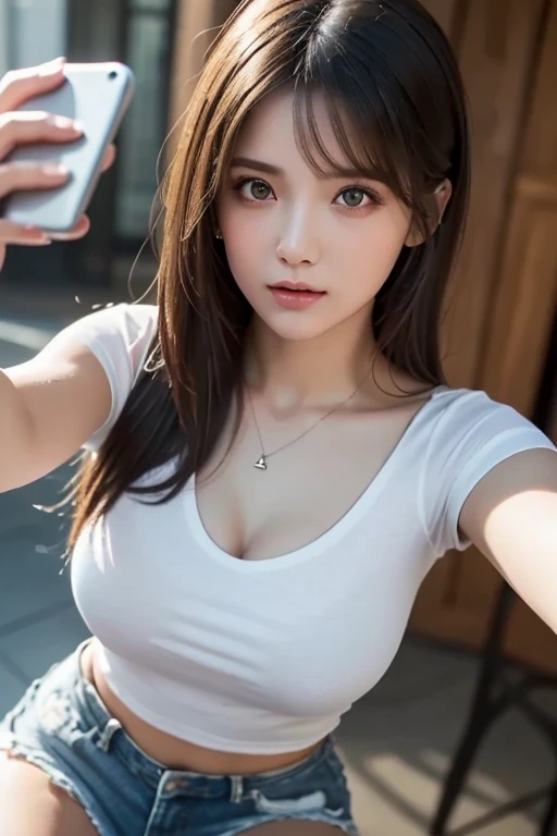 ((masterpiece)), highest quality, absurd, Super detailed, holographic, cowboy shot, golden ratio, super cute girl, Super beautiful asian girl with very beautiful purple glowing eyes, Beautiful shining multicolored hair with a mixture of blue and pink, nice and sexy body, Because I'm slender, big breasts、perfect body, 17 years old、((lace queen、Circuit Venue、Racing Circuit、In the crowd、Camera Flash、audience、outdoor circuit、racing car、Aurora Vision、Blue sky、Summer under the scorching sun))
