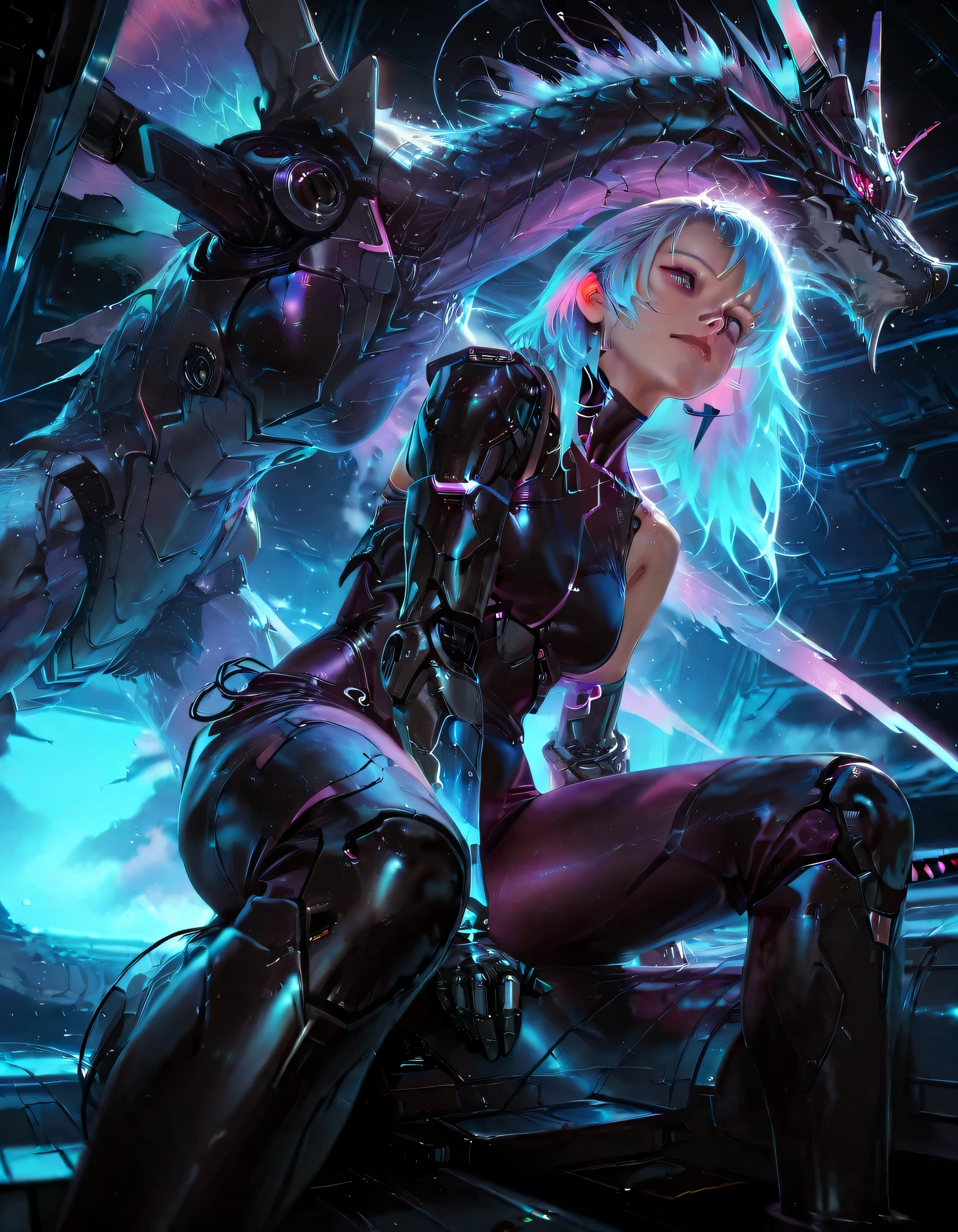 1girl, solo, ((prosthetic hand)), sitting on spacecraft, dragon, ((low view)), katana cyber sword, cinematic angle, highly detailed, hyper-realistic, 8k, ultra-high quality, vibrant colors, dramatic lighting, volumetric fog, photorealistic, concept art style, digital painting, mecha design, cyberpunk, futuristic, sci-fi, dark fantasy