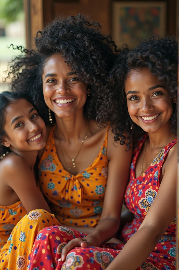 Brazilian woman in chic style, brown wavy hair in a photo with your family, Baba, Mother, sister and cousin