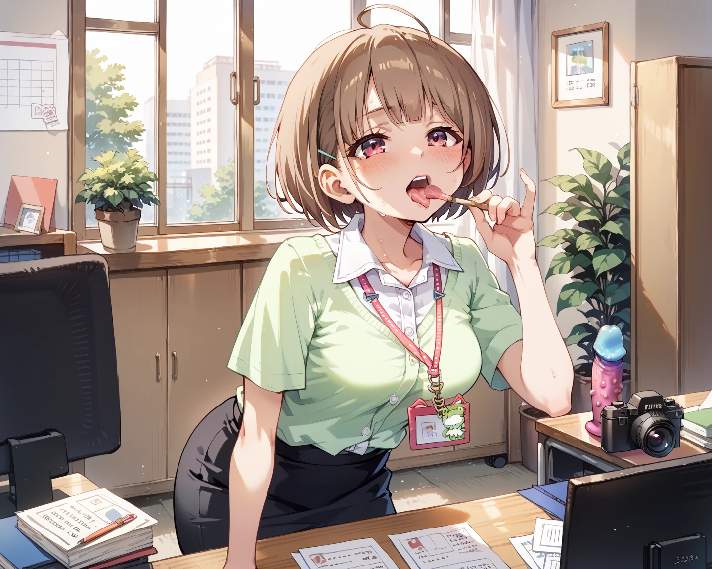 A brown-haired woman is cooling off in front of a fan in a conference room with her shirt open.
