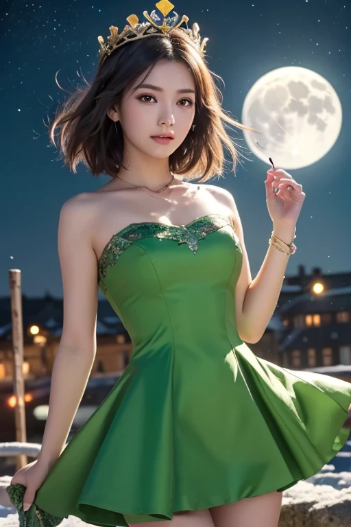 16 year old girl, short white hair, Very curly, Skinny body, small bust, green dress, two hands, shows her legs, sitting on a hill at night, very starry sky, few trees, flowers illuminating, next to her a small white fox, she very pretty.