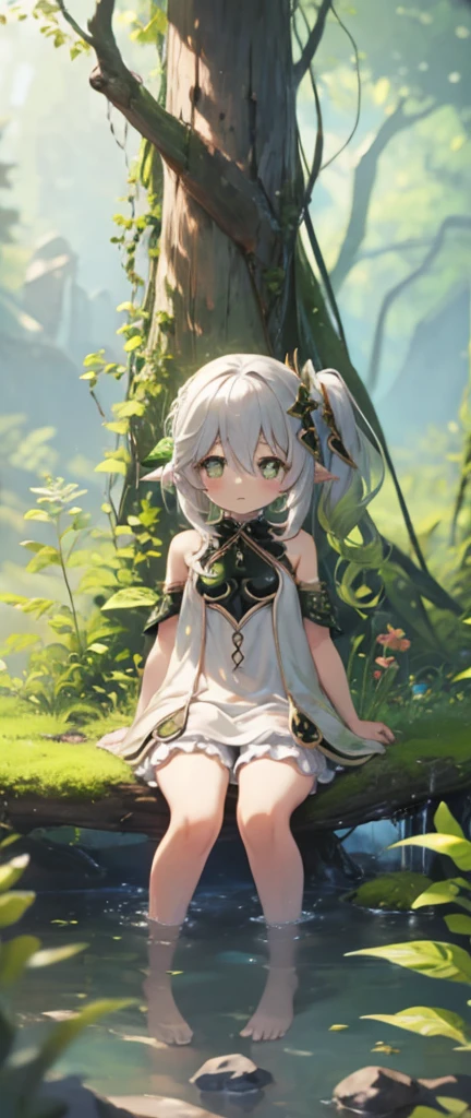 (High quality:1.6), (masterpiece:1.6),(very detailed:1.6), girl, flat brest, short silver hair, green eyes, ((loli)), (standing split legs:1.4), in a forest, (sitting front:1.4), (barefoot:1.4), (detailed feet:1.3), (five fingers on each limb:1.6), (fingers without nails:1.2), (pussy without panties:1.3), (detailed hands:1.2), bathing in a forest river
