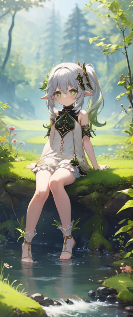masterpiece, best quality, detailed, flat color, 1girl, nahida \(genshin impact\), bare shoulders, braid, closed mouth, cross-shaped pupils, day, dress, feet, forest, full body, green eyes, green hair, grey hair, hair between eyes, lily pad, long hair, multicolored hair, mushroom, nature, no shoes, outdoors, own hands together, pointy ears, side ponytail, sitting, sleeveless dress, smile, socks, soles, stirrup legwear, symbol-shaped pupils, toeless legwear, toes, tree, two-tone hair, white dress, cogecha