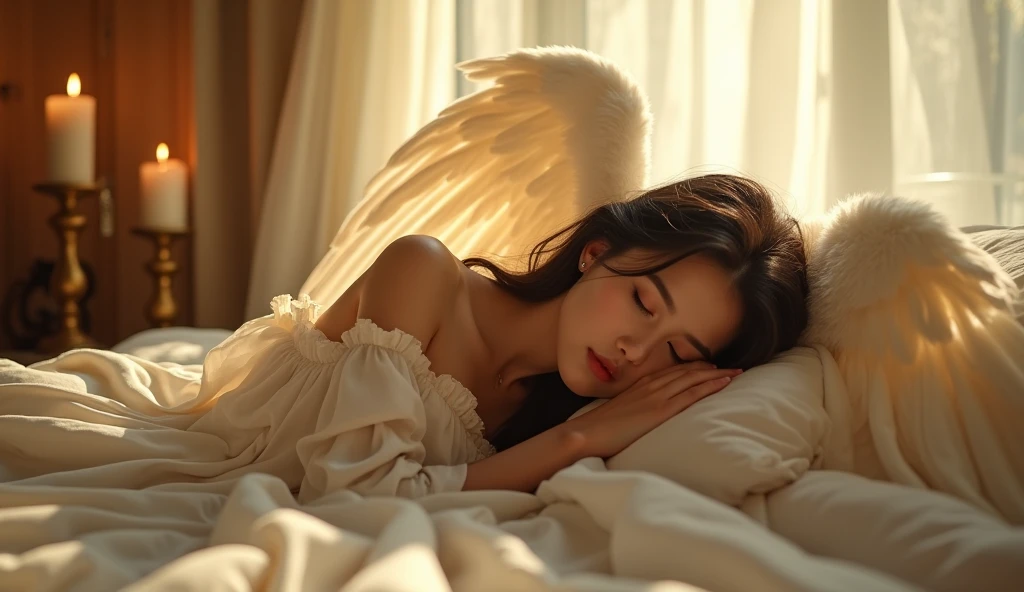My mother lying on the bed in transparent nightwear lifting the covers for me to join her with angel wings