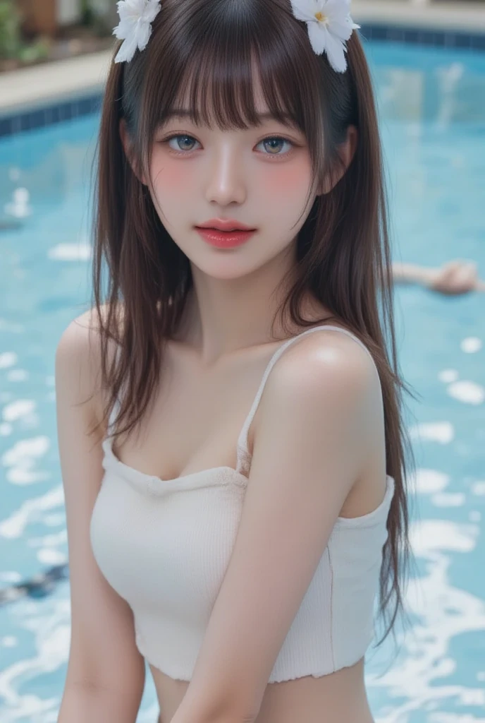 ((Highest quality、masterpiece))、RAW Photos、8k、Highest quality、 Ultra-high resolution、Beautiful face in every detail、Realistic human skin、Gentle expression、Realistic、Photorealistic、Beautiful woman、比基尼、比基尼fashion、Cleavage、drought、reflection、The body line is very sexy、See the face and feel、Cinema Lighting、((Poolside))、Gorgeous Korean Woman、Angelic Korean women