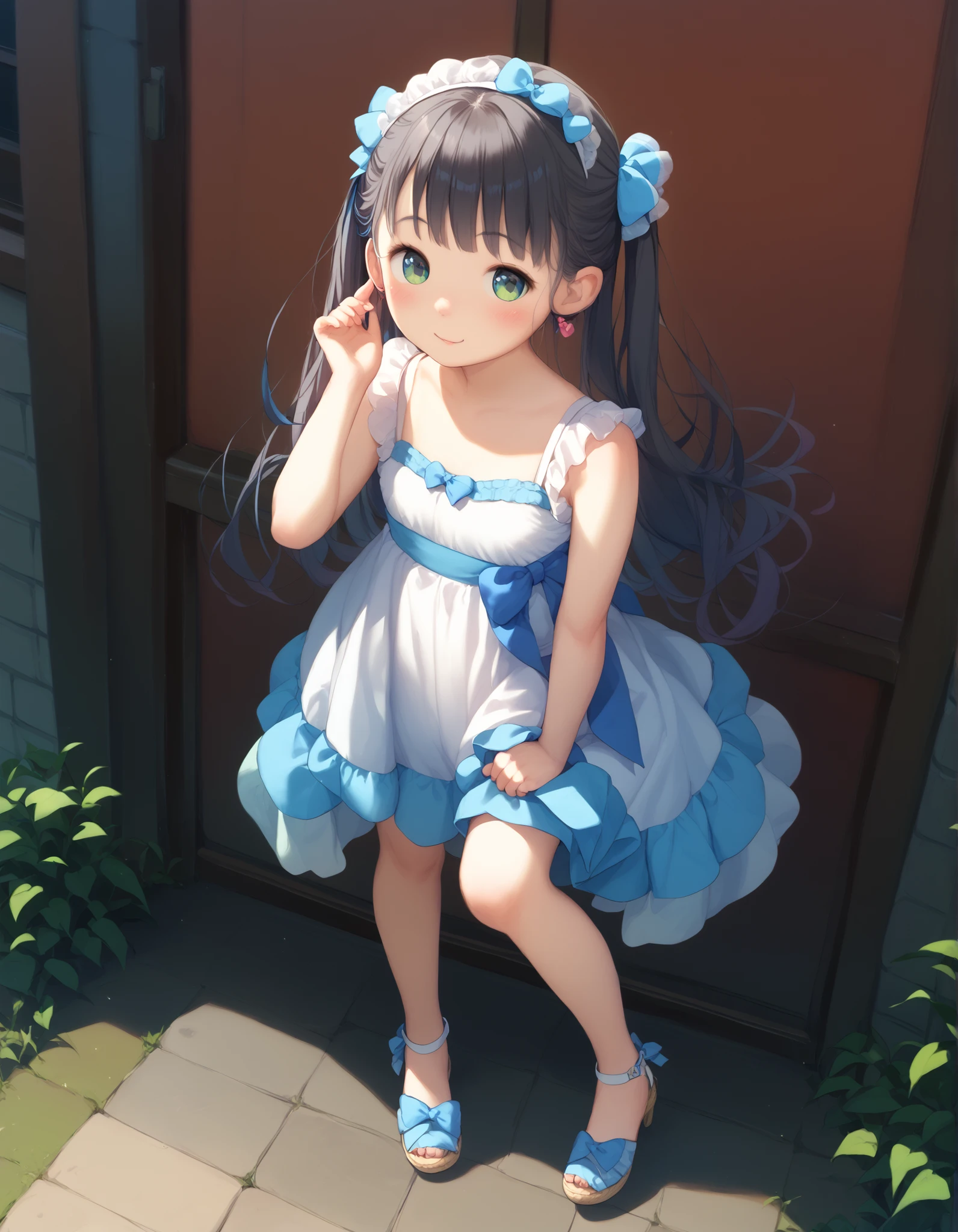 best image quality、 pretty eyes、detailed eyes、cute face、baby face、girl、black hair、small、twin tails、white dress、dress、full body、Pastel Backgrounds、standing pose with shoulders hidden