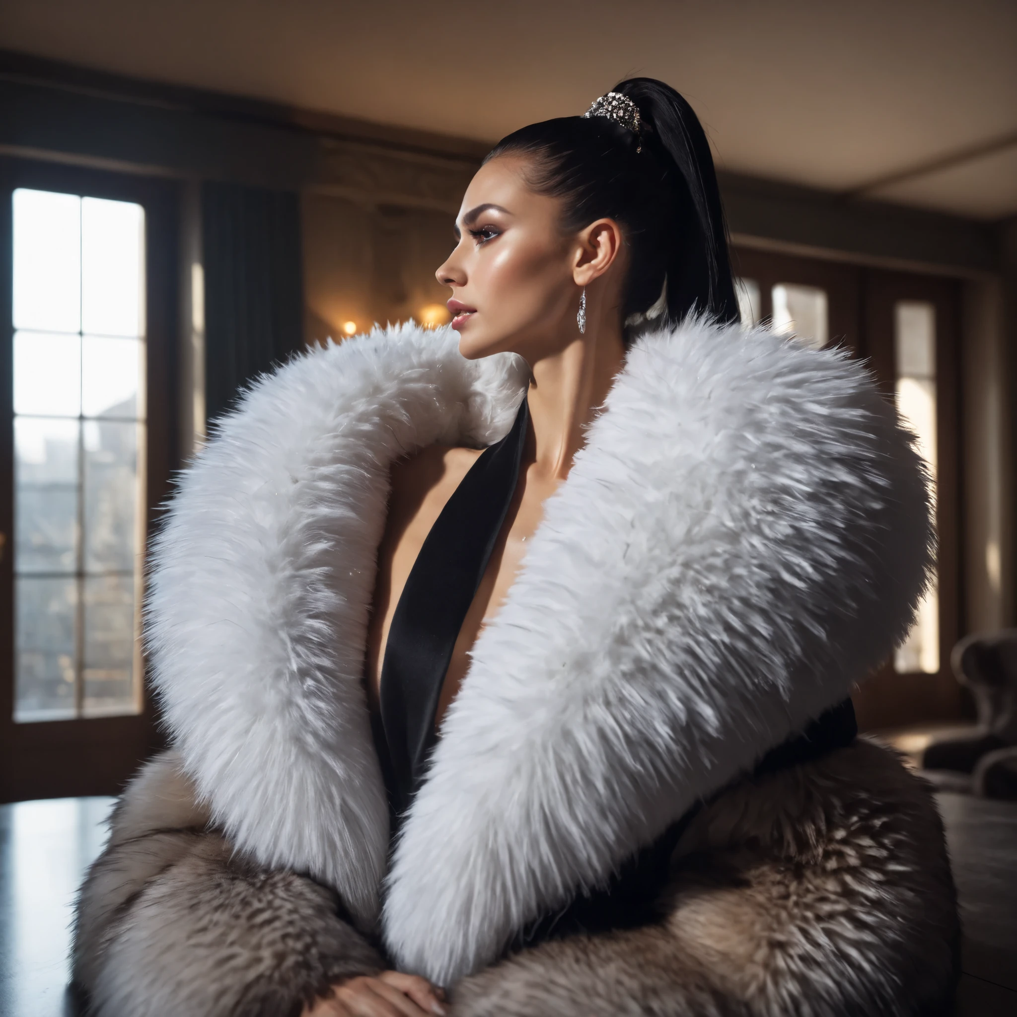 score_9, score_8_up, score_7_up, solo, photo, A cinematic image, a stunning seductress model, black straight hairstyle with a high ponytail, a huge fur coat, eyeliner makeup, a large fur collar, a room in a mansion flooded with sunlight, eyeliner, hyper detailed photorealistic life-like accurate proportional 8k sharp focus, accurate cinematic lighting, photorealistic detail, uncensored,