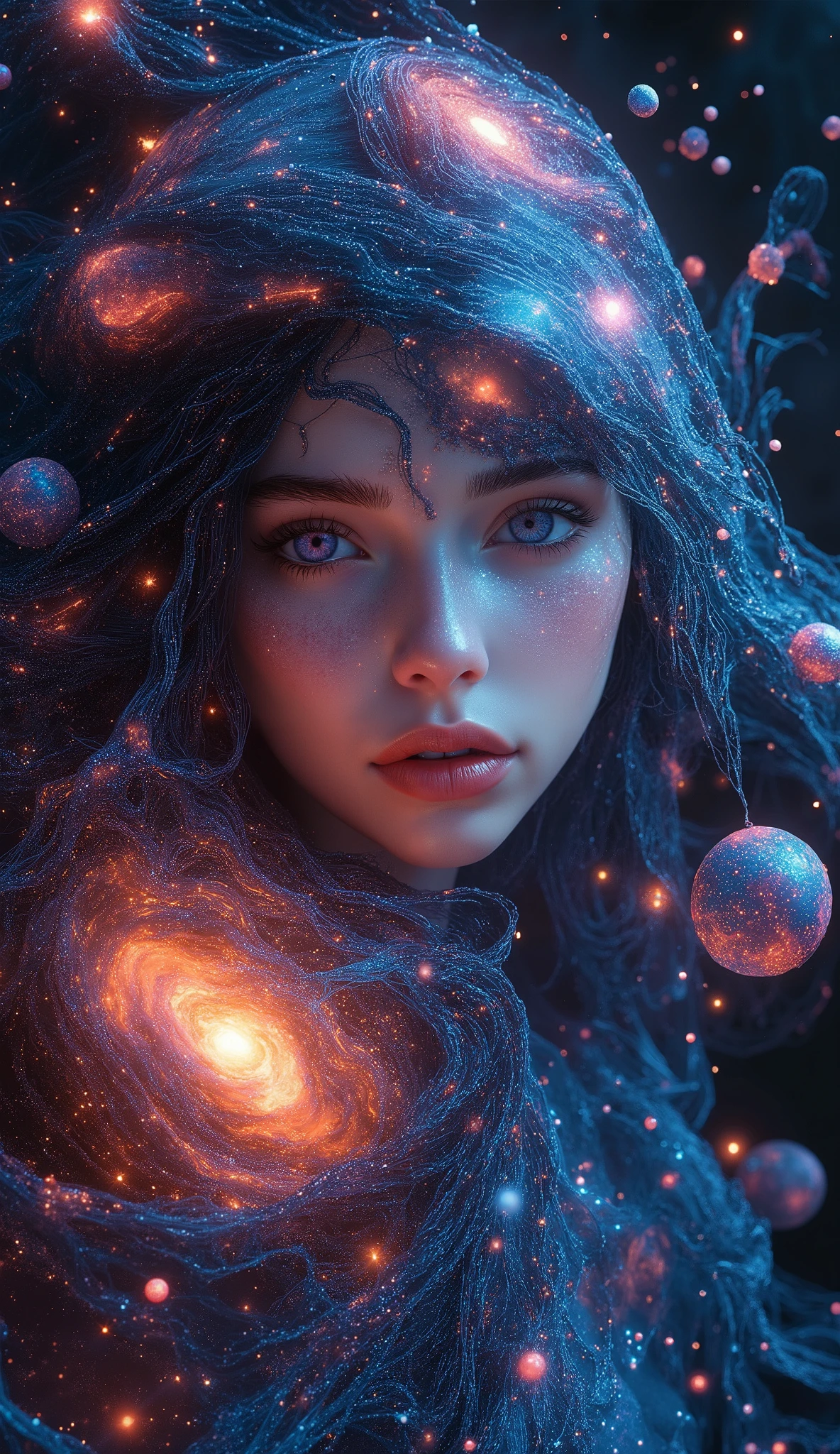 (best quality, 128k,highres,masterpiece:1.2),ultra-detailed,(realistic,photorealistic,photo-realistic:1.37), ((masterpiece)) ((photography)) ((Highest quality)) Ethereal cosmic seamstress weaving time and space on a celestial loom, her dress composed of constellations and swirling nebulae, glowing stardust threads forming a flowing night sky fabric, surrounded by floating orbs and forgotten galaxies, in a surreal dreamscape. Ultra-detailed, close-up view, photorealistic oil on canvas style. Art by Agnes Cecile, Tran Nguyen, Bastien Lecouffe-Deharme, Julie Dillon, Catrin Welz-Stein. Textured pointillism, bas relief, 3D mixed media, symmetrical chiseled female face, cinematic composition, rich jewel tones, chrome and graphite. Inspired by Iris van Herpen's 2019 Hypnosis, surreal natural elements, unstructured maximalism meets geometric minimalism. Jacek Yerka, Tomasz Alen Kopera, H.R. Giger, Paul Cadden. Hyper-detailed 32K, HDR, UHD, Unity render texture, avant-garde and fantastical fashion technology.