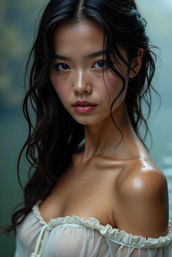 (best quality, highres, masterpiece, photorealistic:1.4),(HDR, vivid colors),(1girls:1.4), a japanese woman (undressed:1.3), sagging boobs, large breast, slender body, beautiful face with soft skinice face, detailed face feature, posing for a picture, outdoor onsen, (a bit wet hair:1.3), detailed perfect hand, clear bright skin, lustly look, seductive smile, symmetricaly face, perfect face feature, professional dynamic lighting, (close up:1.3), (seen from below:1.3), detailed facial expressions, sensual poses, foggy and greeney background, cool blue tones, cozy atmosphere, photon maping, shine face