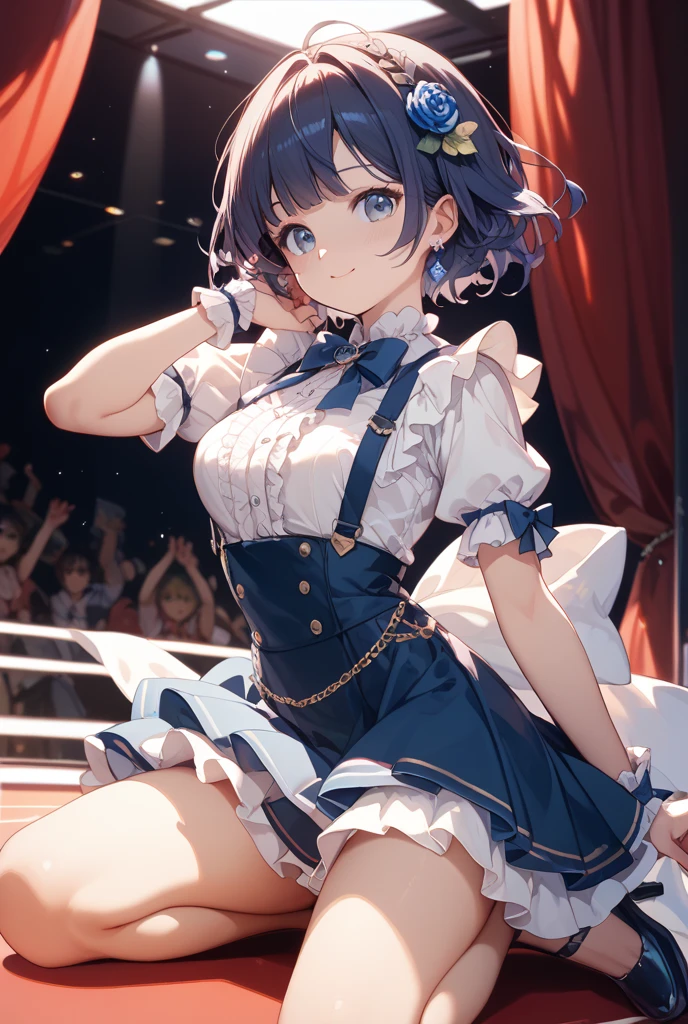 master piece,best quality,ultra-detailed,1girl,16yo,(from below:1.3),(close up:1.2),(heavy dancing:1.2),(sweat:0.9),alter,idol costume,sleeveless,open mouth,(smile:0.9),slim body