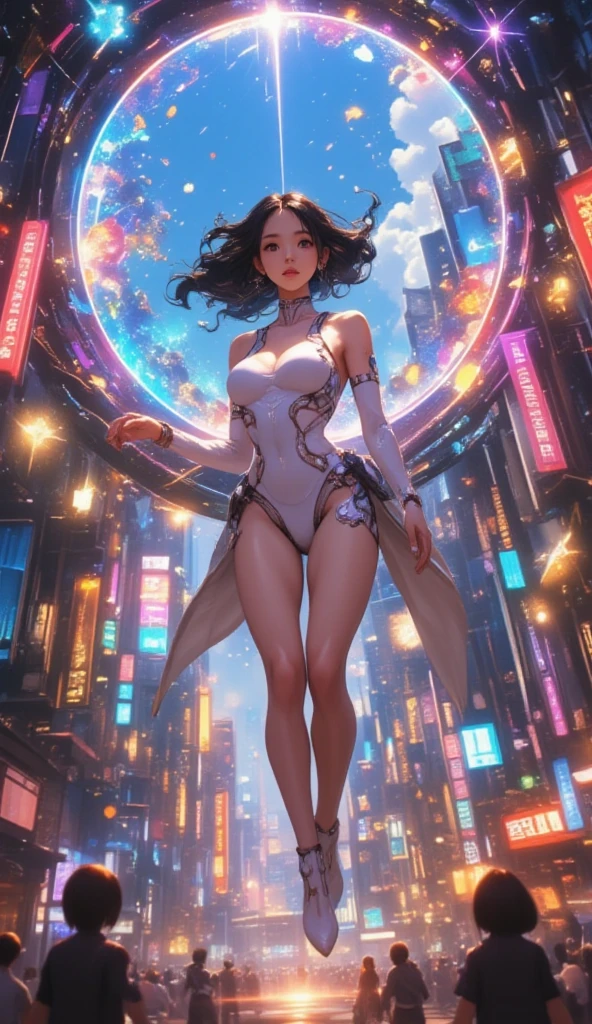 brightly colored abstract image of a space station with a spiral, epic beautiful space scifi, chaotic cinematic space rift, greg beeple, planets colliding, beeple and tim hildebrandt, beeple and jean giraud, end of the universe, galaxy space sci-fi, ringworld, by Mike "Beeple" Winkelmann. Matrix style, (((((Matrix cascading code))))), (((((a futuristic twin tower skyscraper with a unique twisted design))))), (((((OLED GUI interfaces in the building))))), at night, (((((1girl, solo))))), photo realistic, (((large-breast:1.2 slim body, cleavage))), (((off broken mini sling-shirt and black sling bra, extreamly short pleated miniskirt exposing panty))), (((((running pose))))), (((((matrix style black sunglasses))))), ((((((((((aiming with a short gun)))))))))), (((((looking at camera))))), (((very low view))), (((((half-body thigh level medium shot))))), (((cinematic lighting))).