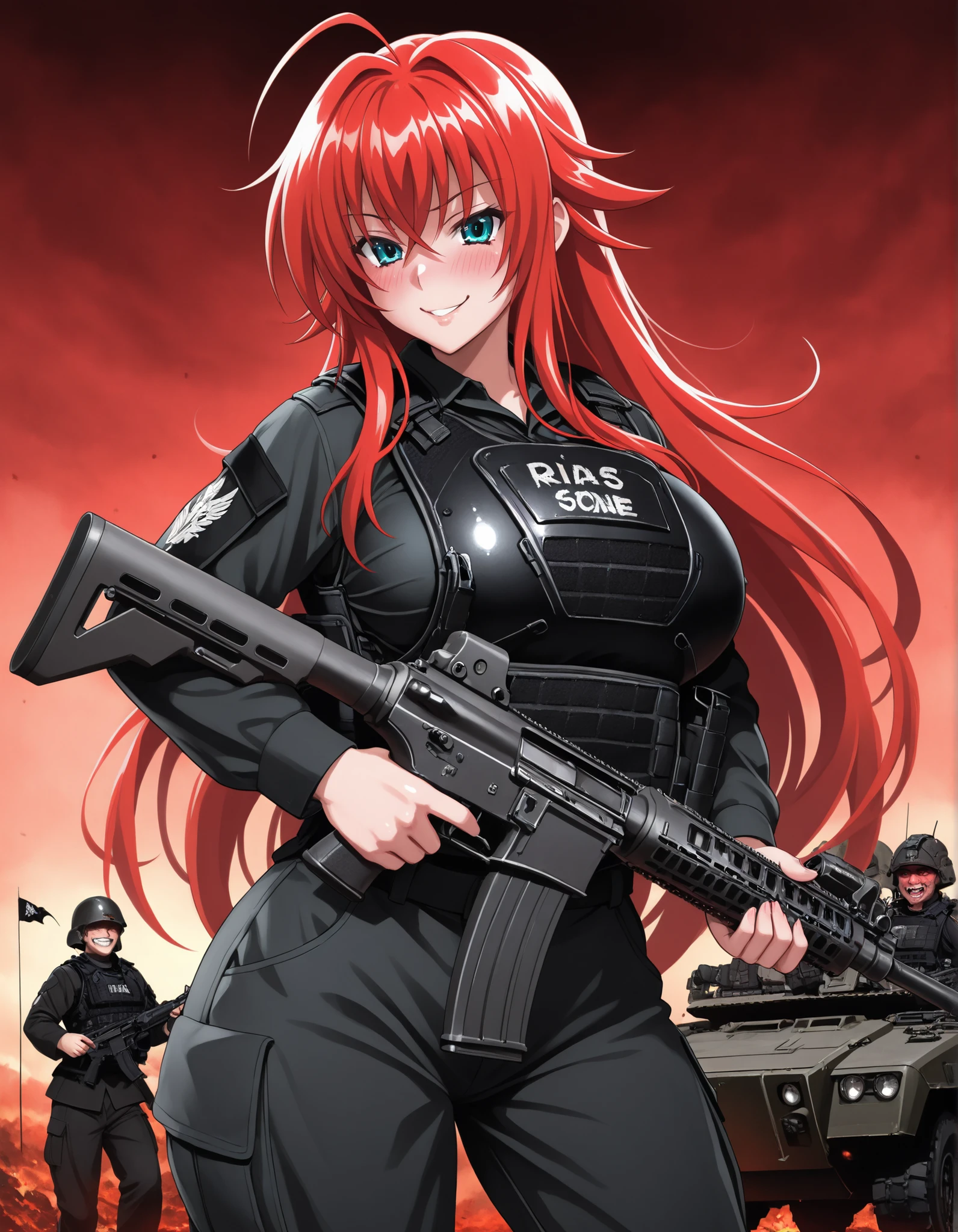 Rias Gremory, big breasts, (((bulletproof vest))), soldier of hell, (((shiny skin))), in a hell, red sky, demon paradise, sexy pose, evil smile, blushing, holding a rifle, War zone, armored vehicles, special operations, black flags, (((Rias' name on his bulletproof vest))), (((black military pants)))