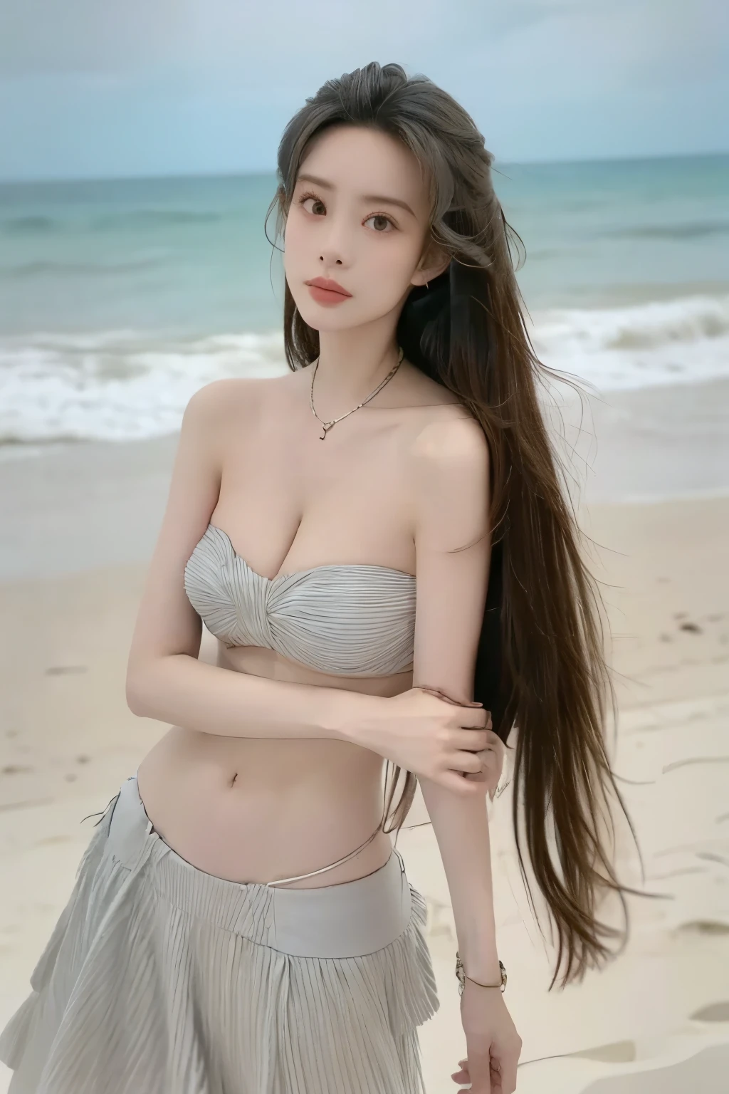 Beautiful woman with perfect body:1.4,Prominent cleavage,Layered Hairstyle,Highly detailed face and skin textures,Double eyelids,Skin Whitening,Long hair,Whitened long legs,(Tube Top,necklace),Standing by the sea,Half-length photo