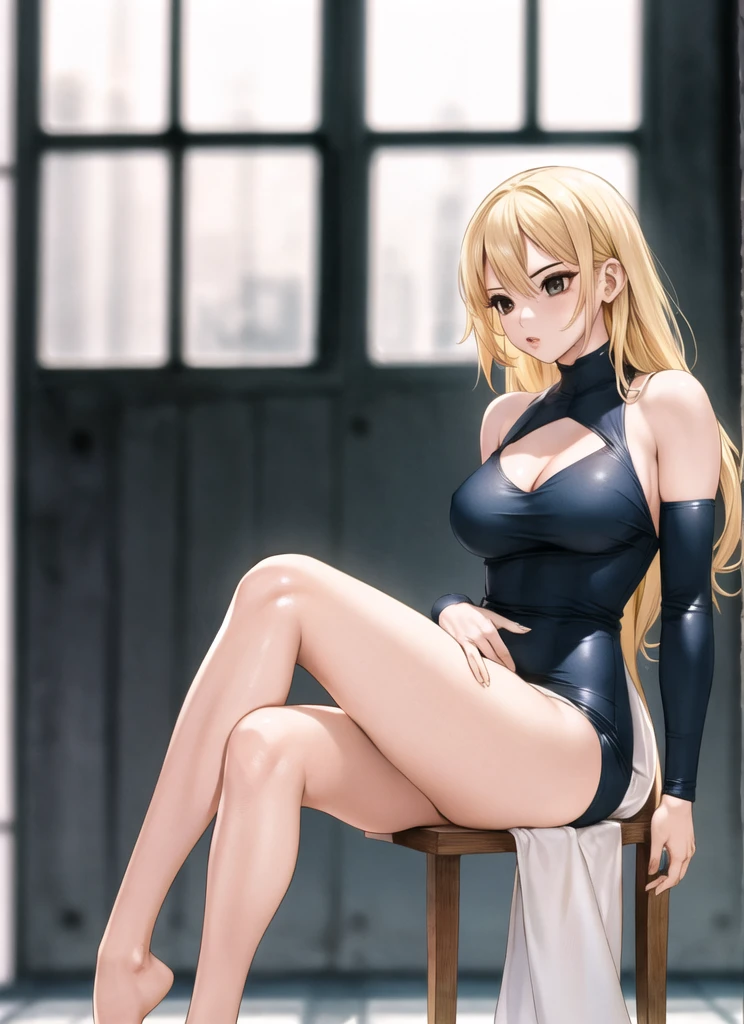 (masterpiece), (best quality), (detailed), light layer, 1solo girl, young girl, perfect body, blonde hair, defined chest, defined collarbone, ultra realistic, photorealistic, detailed, ,Enhance, Short Orange Mini Dress Low chest Bodycon Club Evening Party Sexy Dress, black background, white spotlight, sitting in chair, leg_spread
