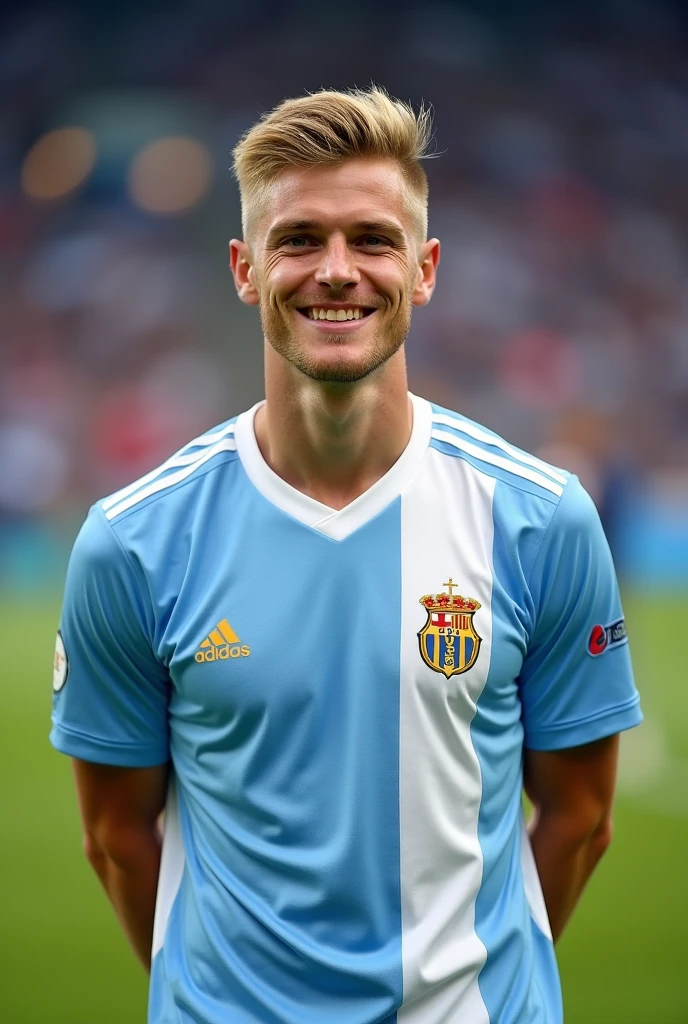 Young Swedish man wearing football uniform in a stadium smiling