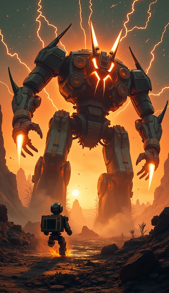 A colossal iron robot stands majestically amidst an ancient and mystical landscape. The robot, towering over its surroundings, is covered in rust and moss, showing signs of age and wear. Its body is composed of intricate, weathered metal plates, gears, and joints, giving it a steampunk-like appearance. Glowing eyes emit a faint, eerie light, adding to its enigmatic and powerful presence. The background features remnants of ancient ruins, overgrown with lush greenery and vines, hinting at a long-forgotten era. The sky is painted with a gradient of orange and purple hues, suggesting the setting sun and adding a dramatic atmosphere to the scene.