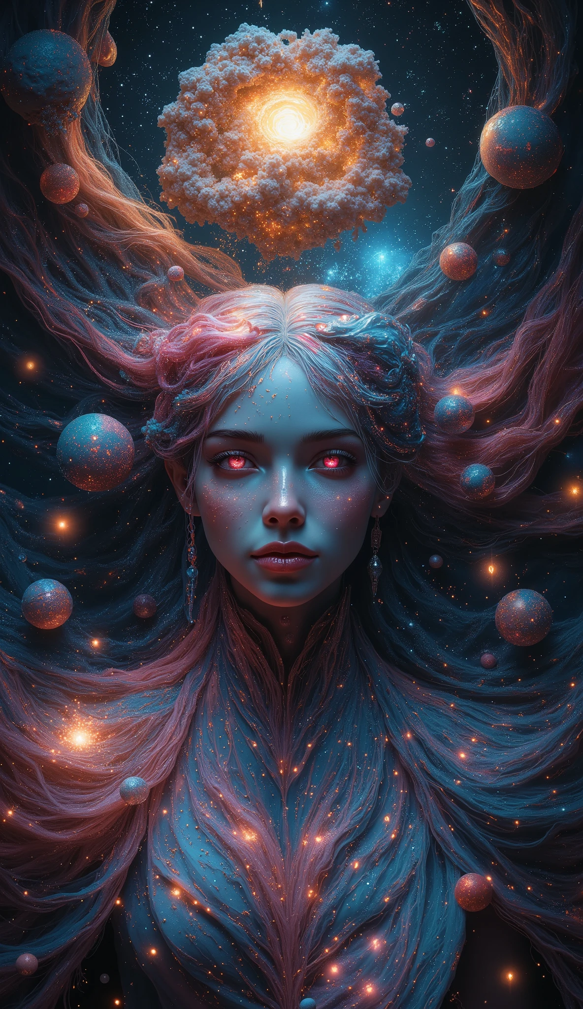 (best quality, 128k,highres,masterpiece:1.2),ultra-detailed,(realistic,photorealistic,photo-realistic:1.37), ((masterpiece)) ((photography)) ((Highest quality)) Ethereal cosmic seamstress weaving time and space on a celestial loom, her dress composed of constellations and swirling nebulae, glowing stardust threads forming a flowing night sky fabric, surrounded by floating orbs and forgotten galaxies, in a surreal dreamscape. Ultra-detailed, close-up view, photorealistic oil on canvas style. Art by Agnes Cecile, Tran Nguyen, Bastien Lecouffe-Deharme, Julie Dillon, Catrin Welz-Stein. Textured pointillism, bas relief, 3D mixed media, symmetrical chiseled female face, cinematic composition, rich jewel tones, chrome and graphite. Inspired by Iris van Herpen's 2019 Hypnosis, surreal natural elements, unstructured maximalism meets geometric minimalism. Jacek Yerka, Tomasz Alen Kopera, H.R. Giger, Paul Cadden. Hyper-detailed 32K, HDR, UHD, Unity render texture, avant-garde and fantastical fashion technology.
